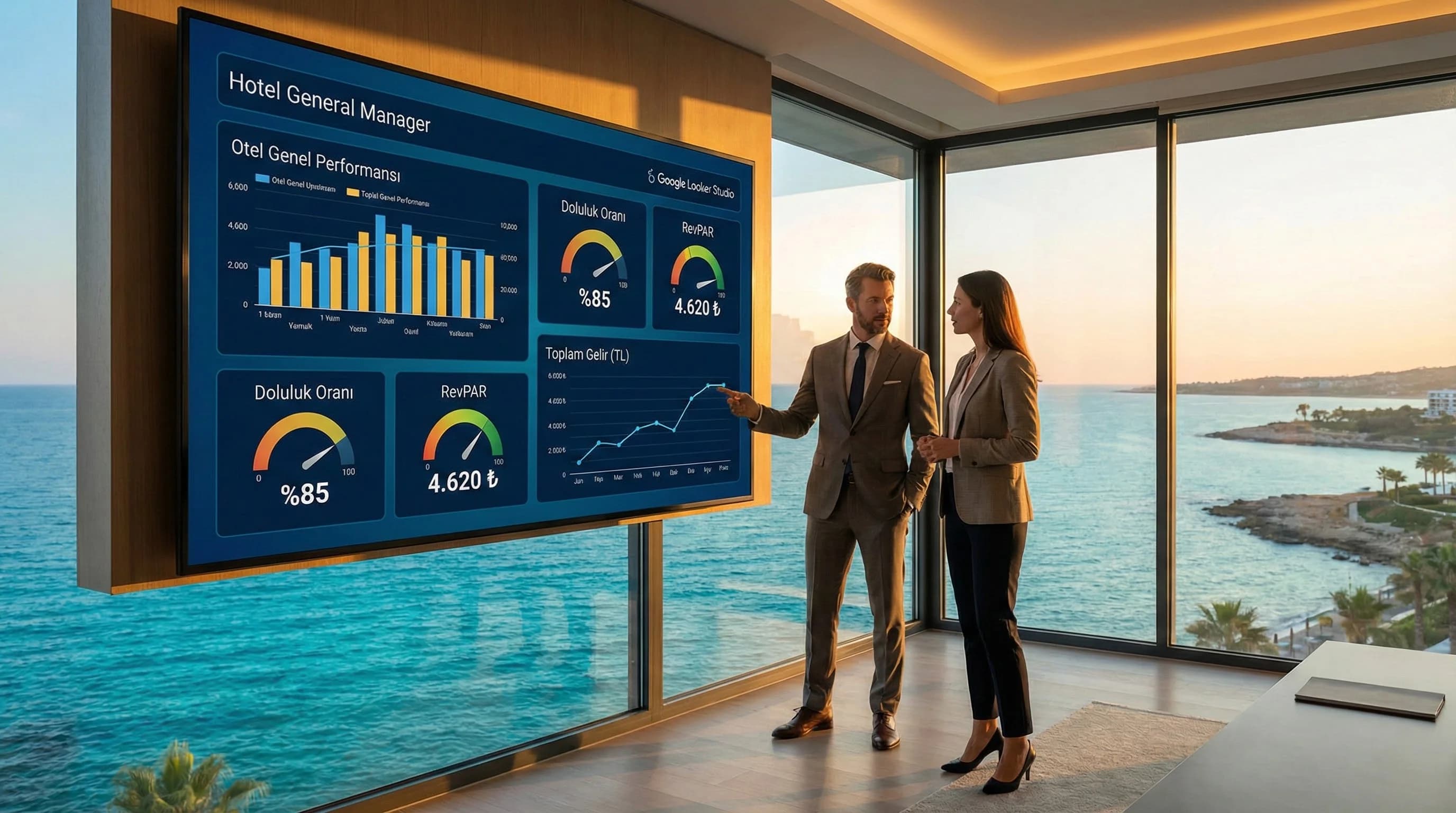 Looker Studio ile otel KPI dashboard kurulumunu anlatan kapak görseli