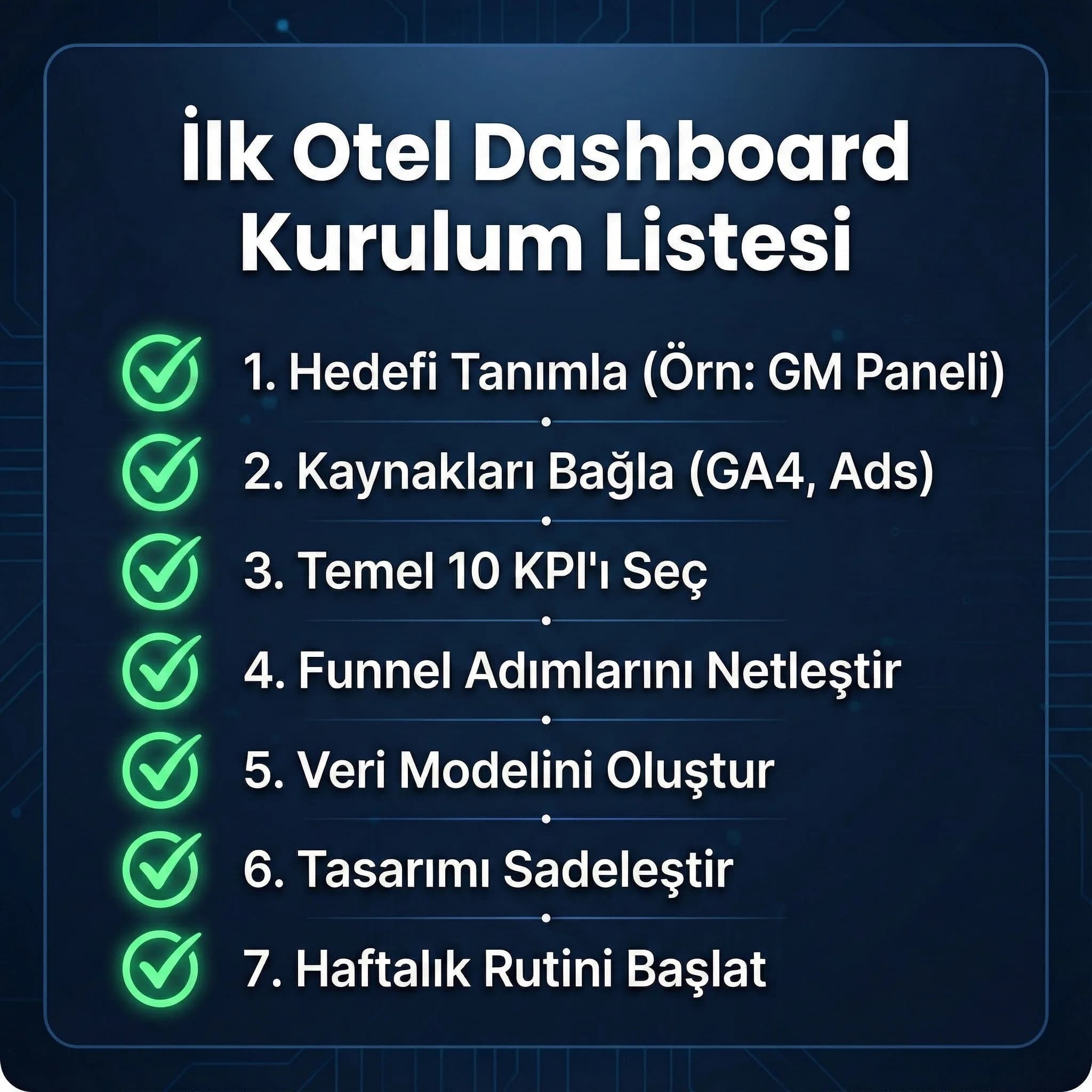 İlk otel dashboard kurulum adımlarını özetleyen kontrol kartı görseli