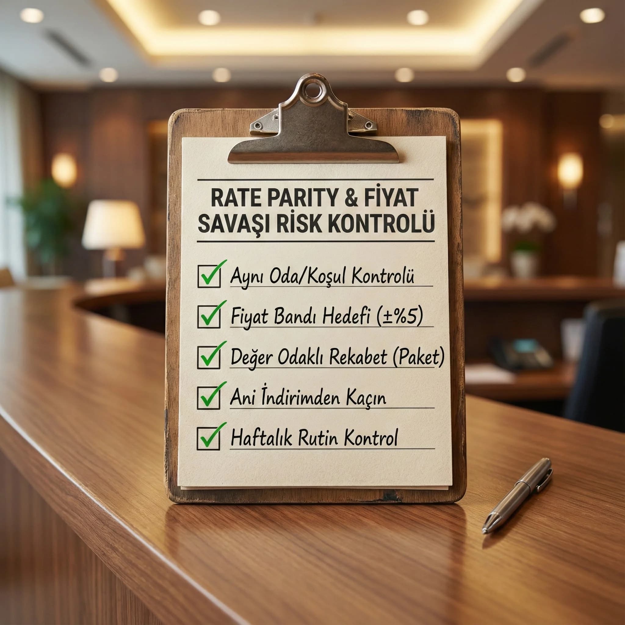 Parity ve fiyat savaşı risklerini özetleyen otel kontrol kartı görseli