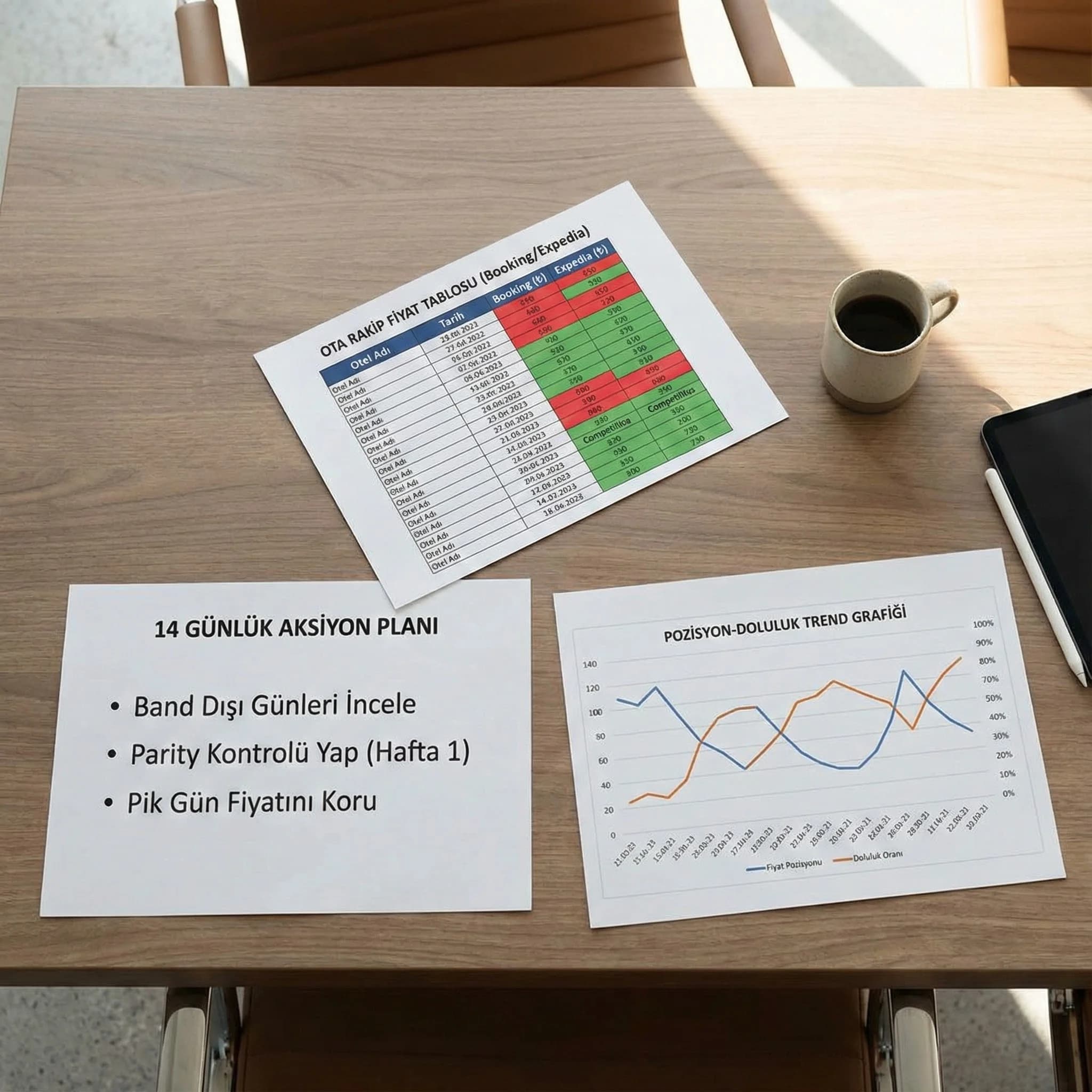 OTA fiyat benchmark çıktıları ve aksiyon planını gösteren kanıt kartı