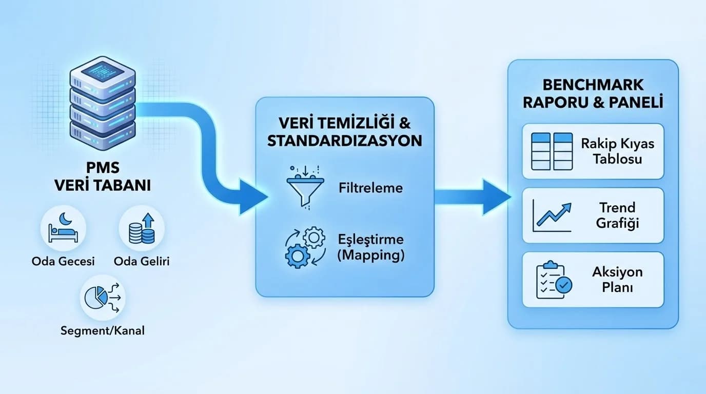 PMS verisinden benchmark raporuna veri akışını gösteren şema görseli