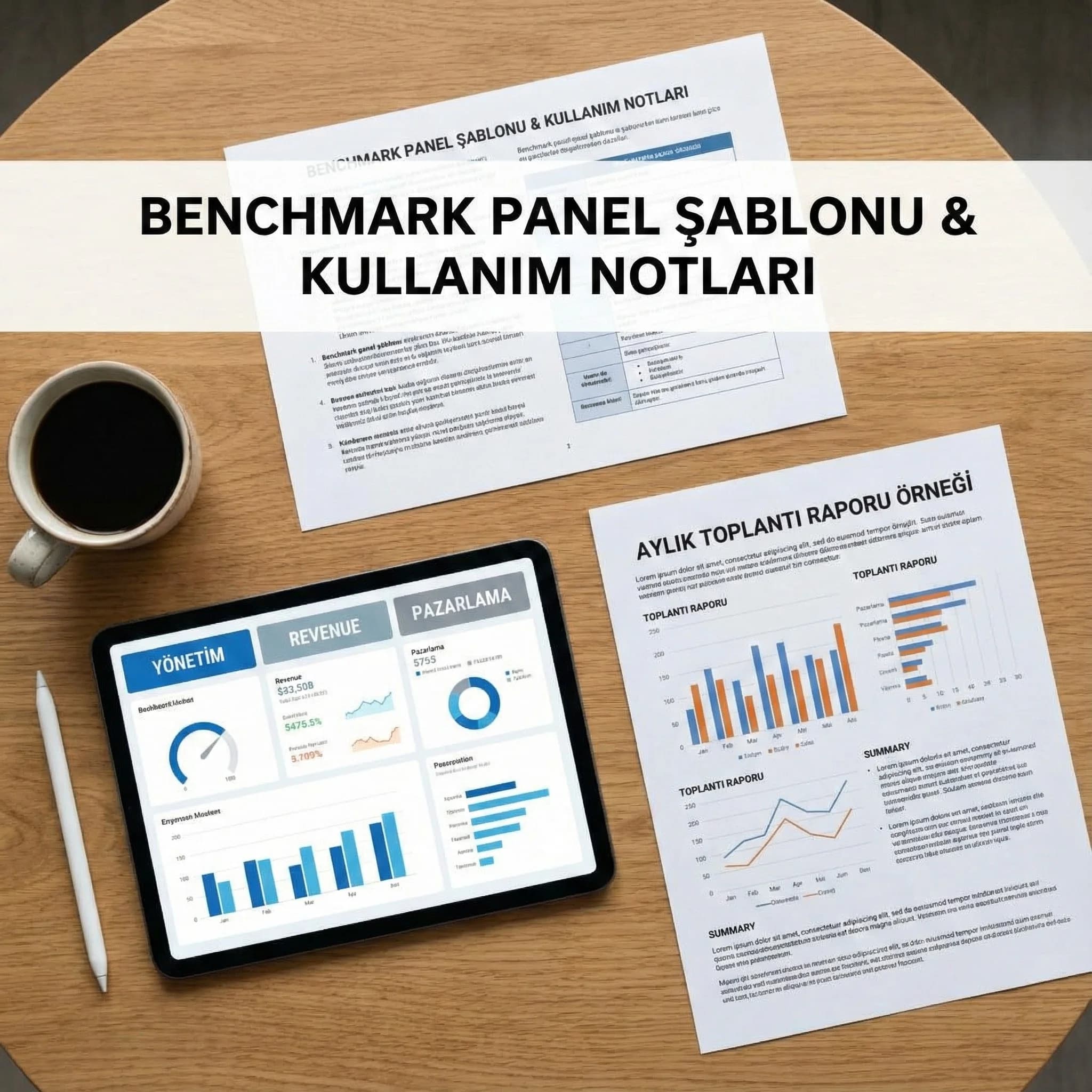 Benchmark dashboard şablonu sekmeleri ve teslim çıktısını gösteren kanıt kartı