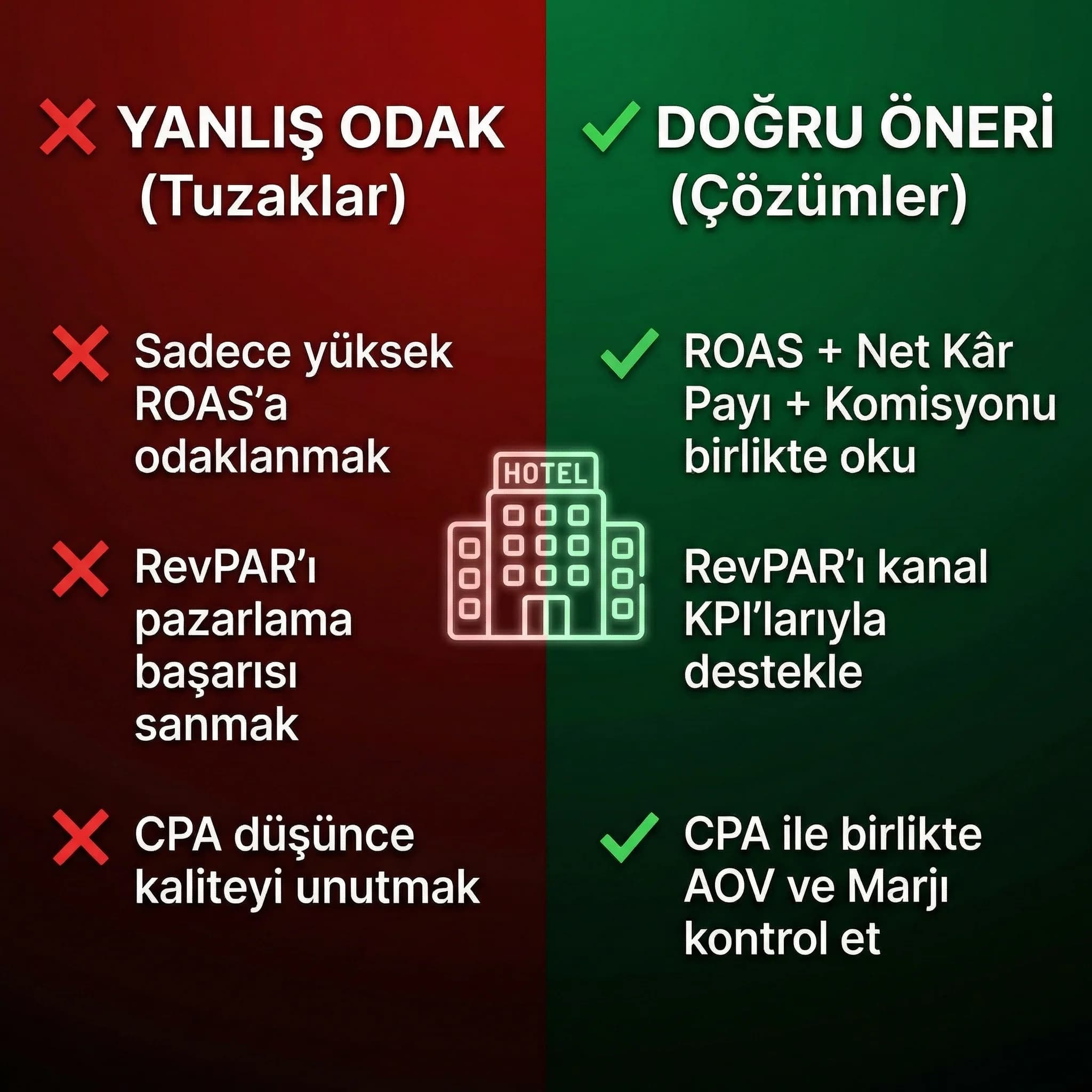 Yanlış KPI odağını önleyen otel KPI seçim checklist kartı