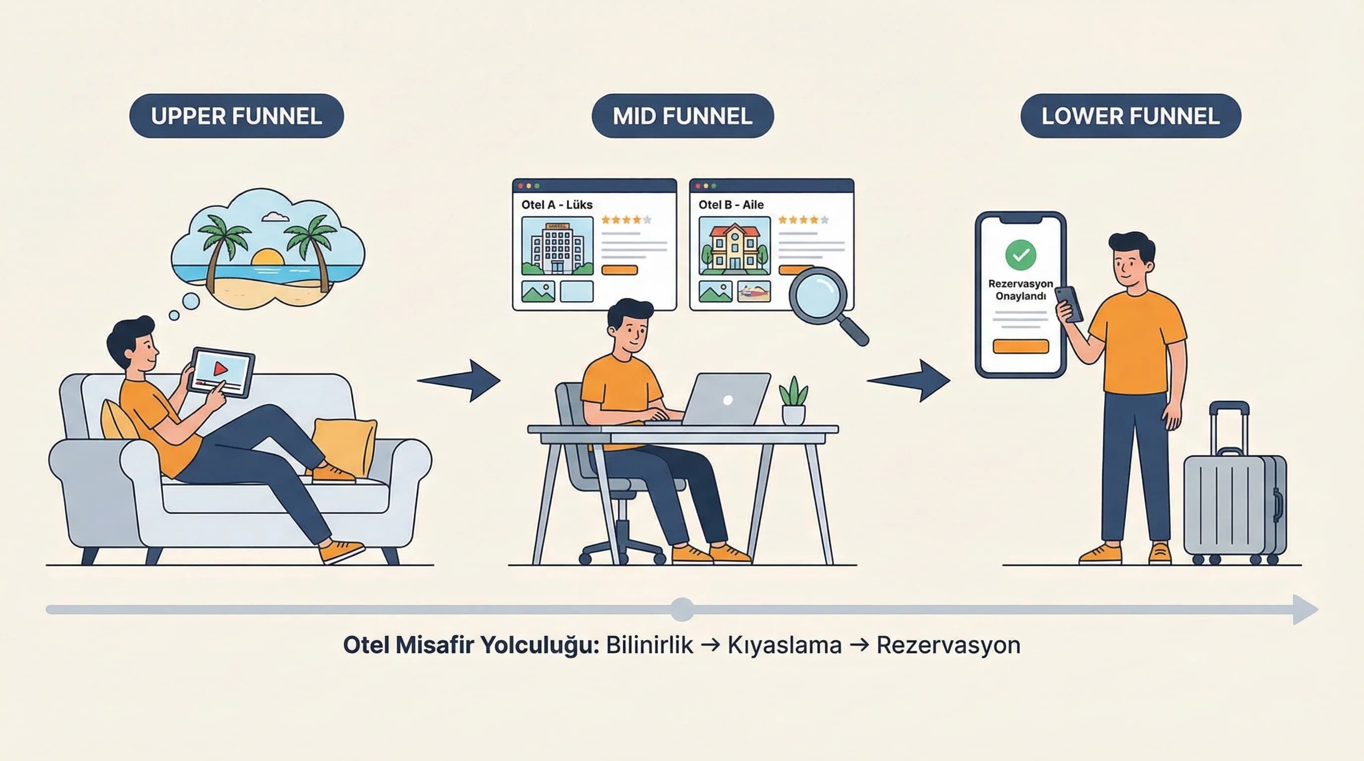 Otel satış yolculuğunu upper mid lower adımlarıyla açıklayan bağlam görseli