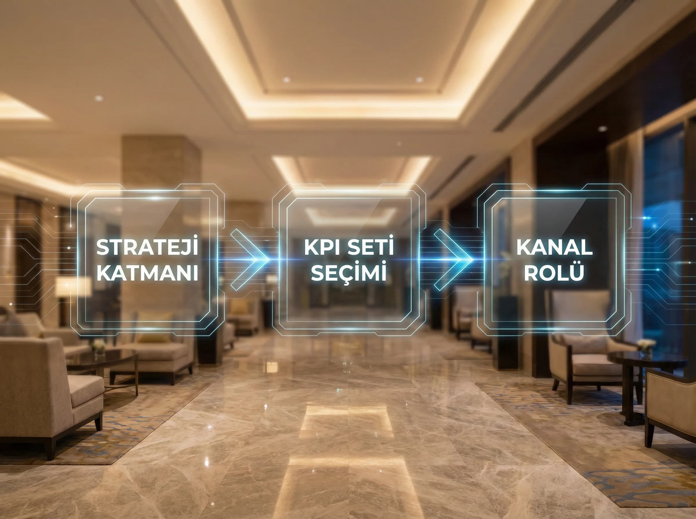 Katman bazlı KPI ve kanal eşlemesine geçişi ayıran otel görseli