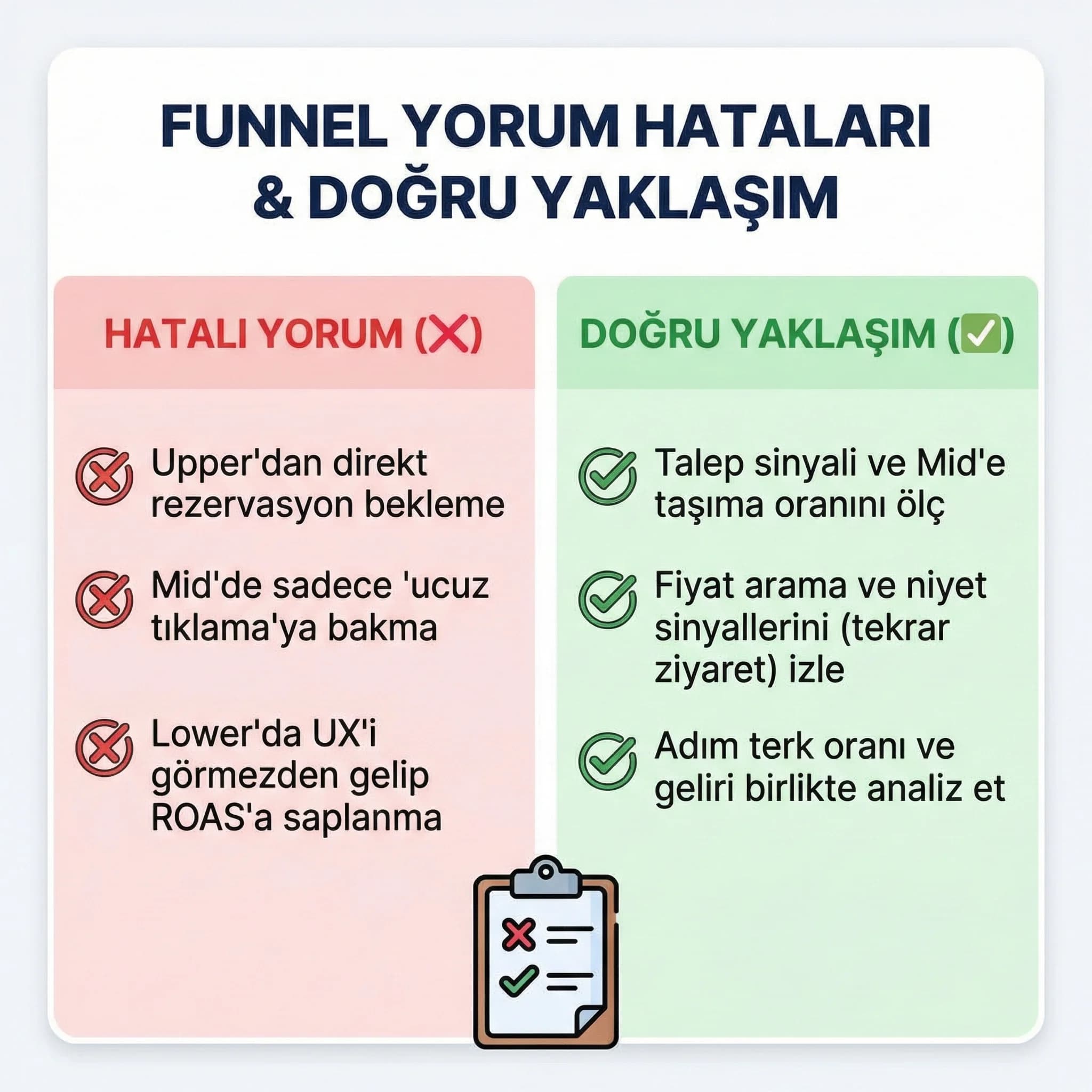 Funnel katmanı yorum hatalarını önleyen otel checklist kartı