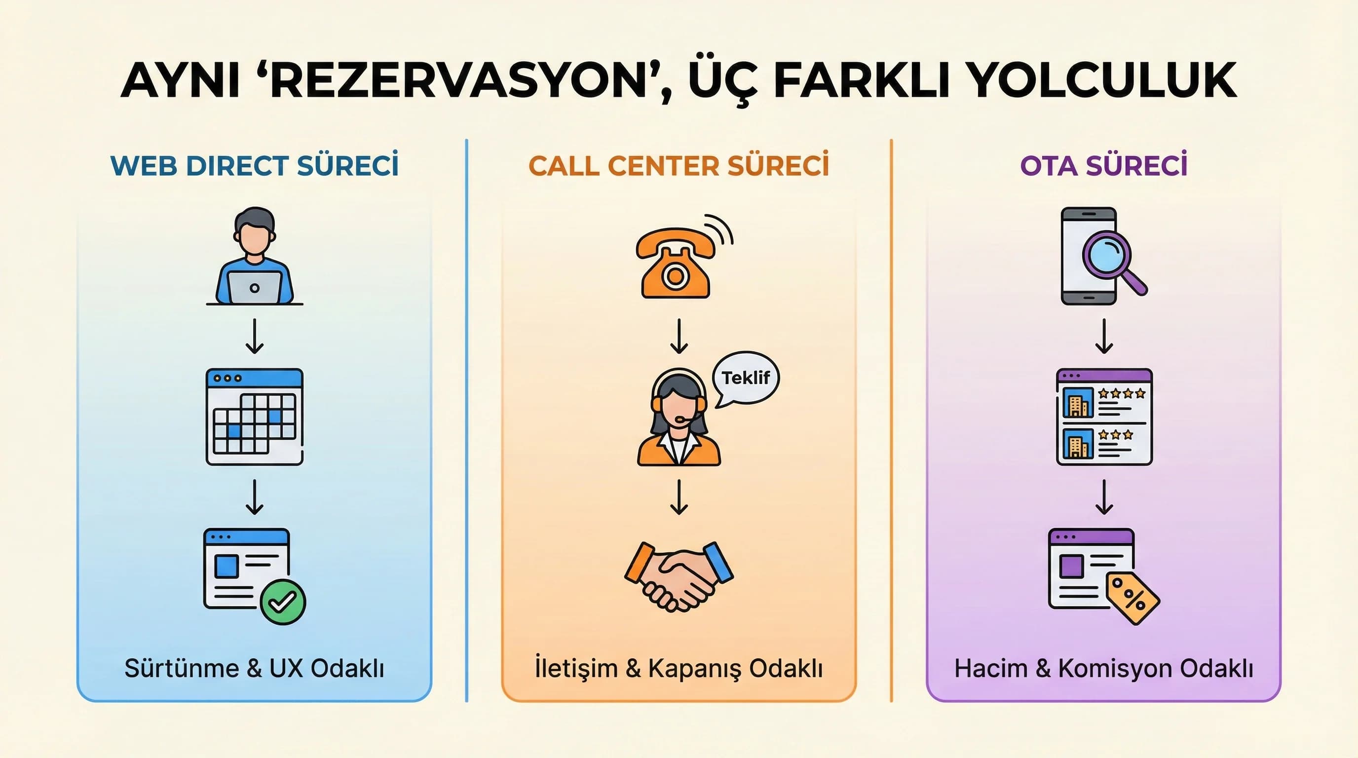 Üç kanalın üç farklı dönüşüm zincirini otel örneğiyle açıklayan görsel