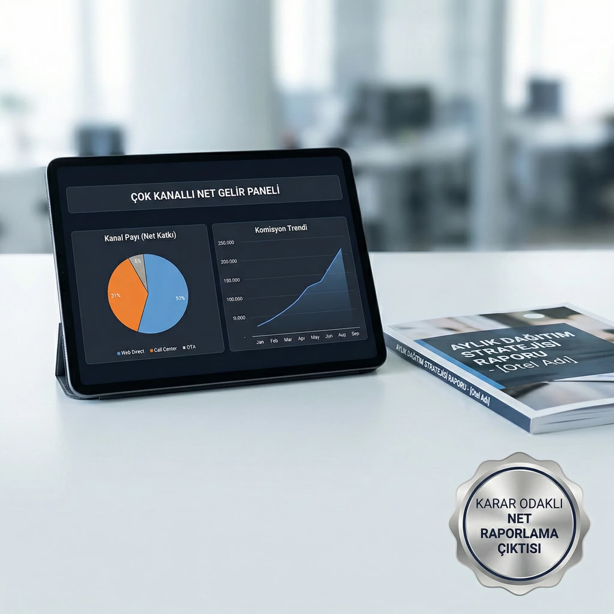 Çok kanallı rezervasyon raporu dashboard çıktılarını gösteren otel kanıt kartı