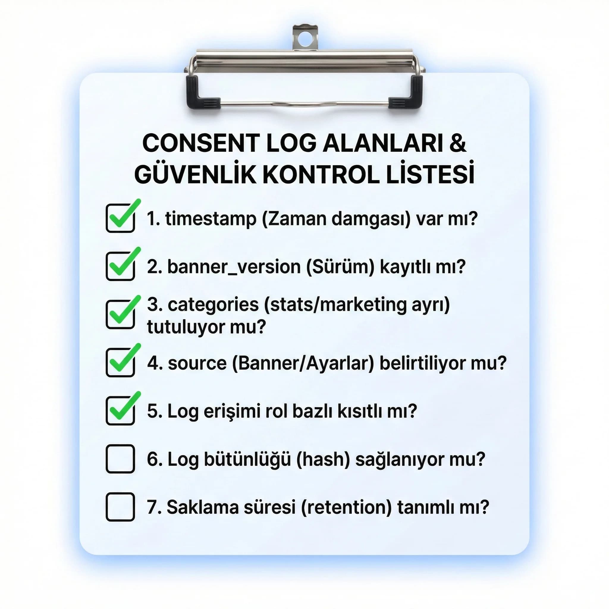 Consent log alanları checklist’i, otel sitelerinde hızlı doğrulama sağlar