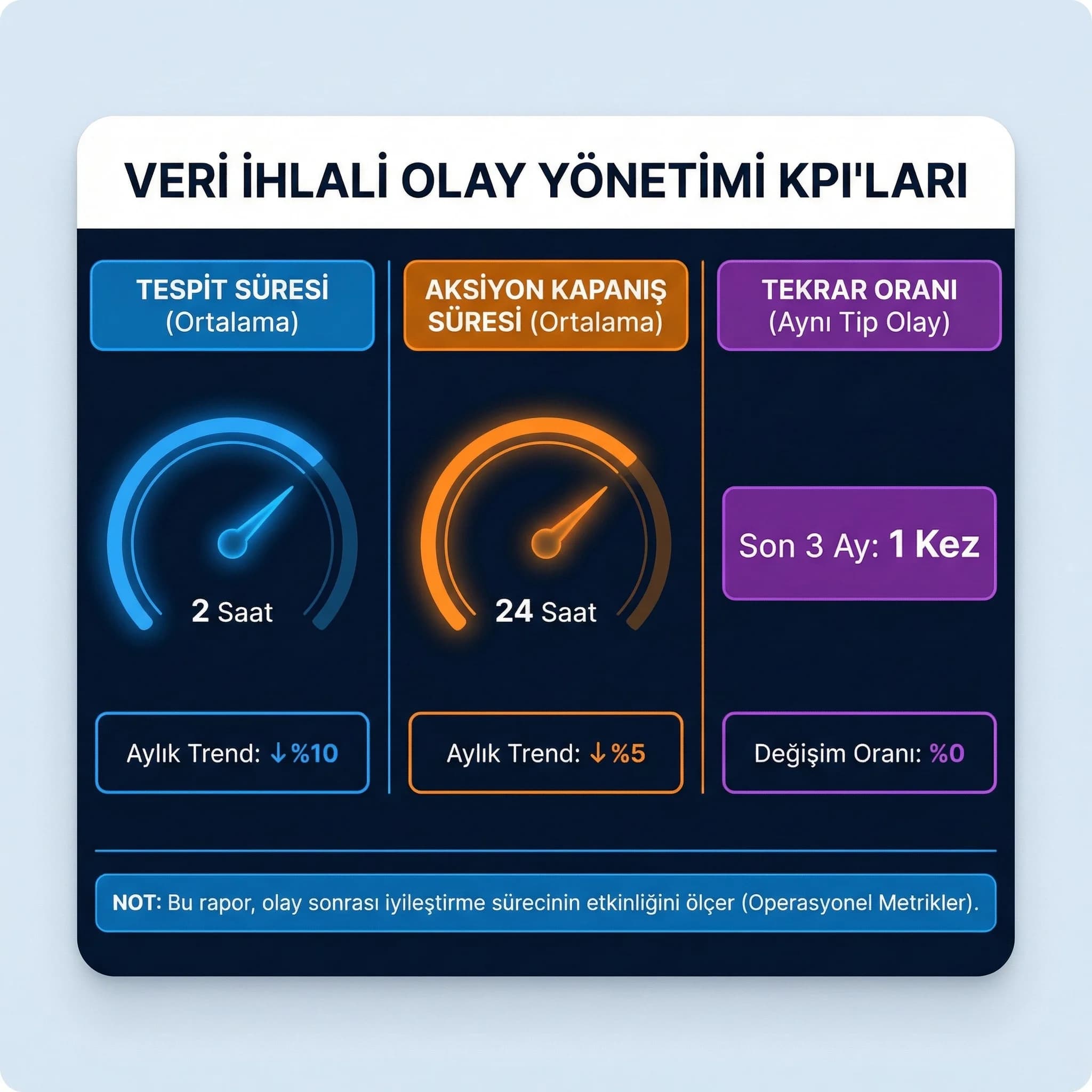 Tespit süresi ve aksiyon kapanış KPI’ları, olay sonrası iyileştirmeyi ölçer