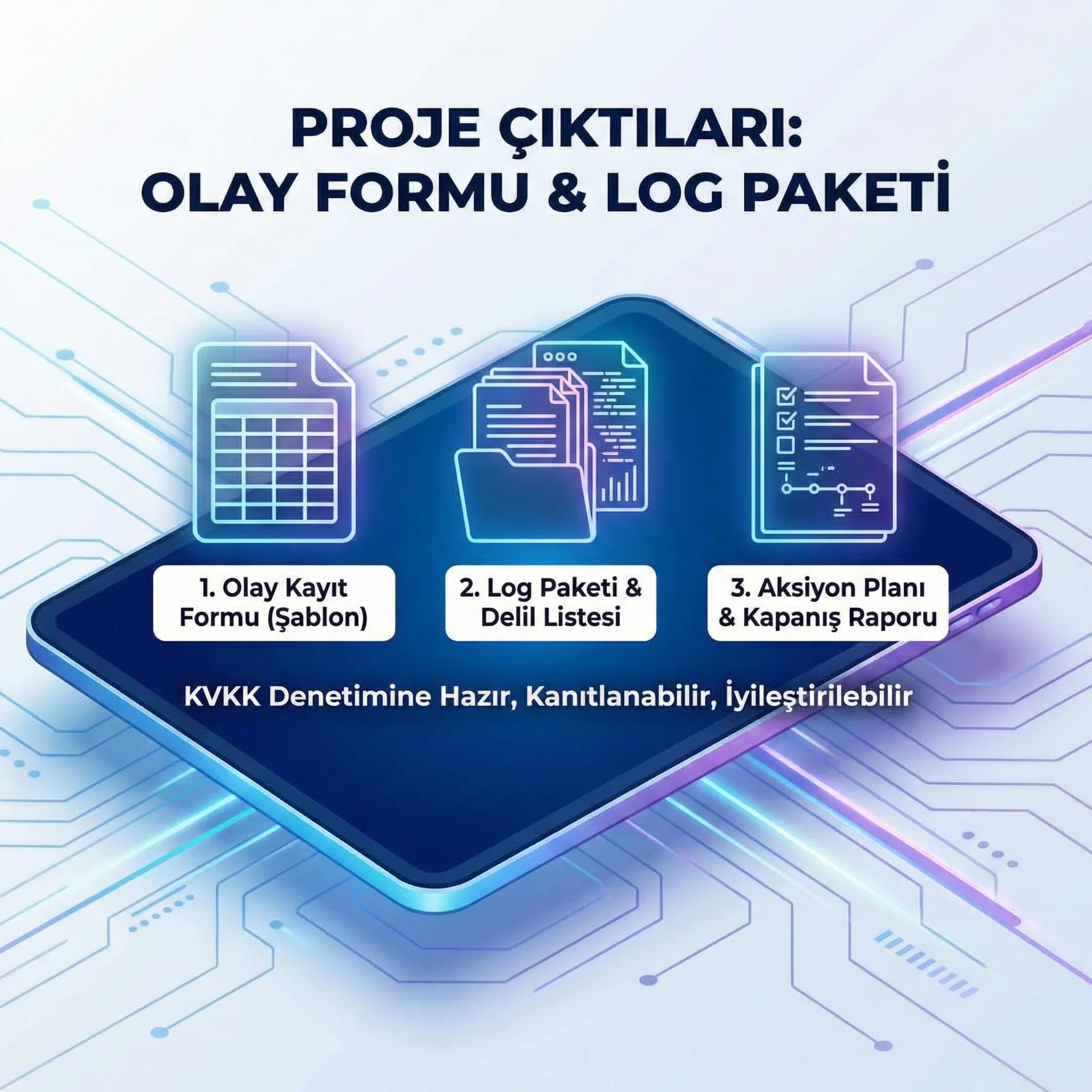 Olay kayıt formu, log paketi ve aksiyon planı çıktıları, denetimde kanıt üretir
