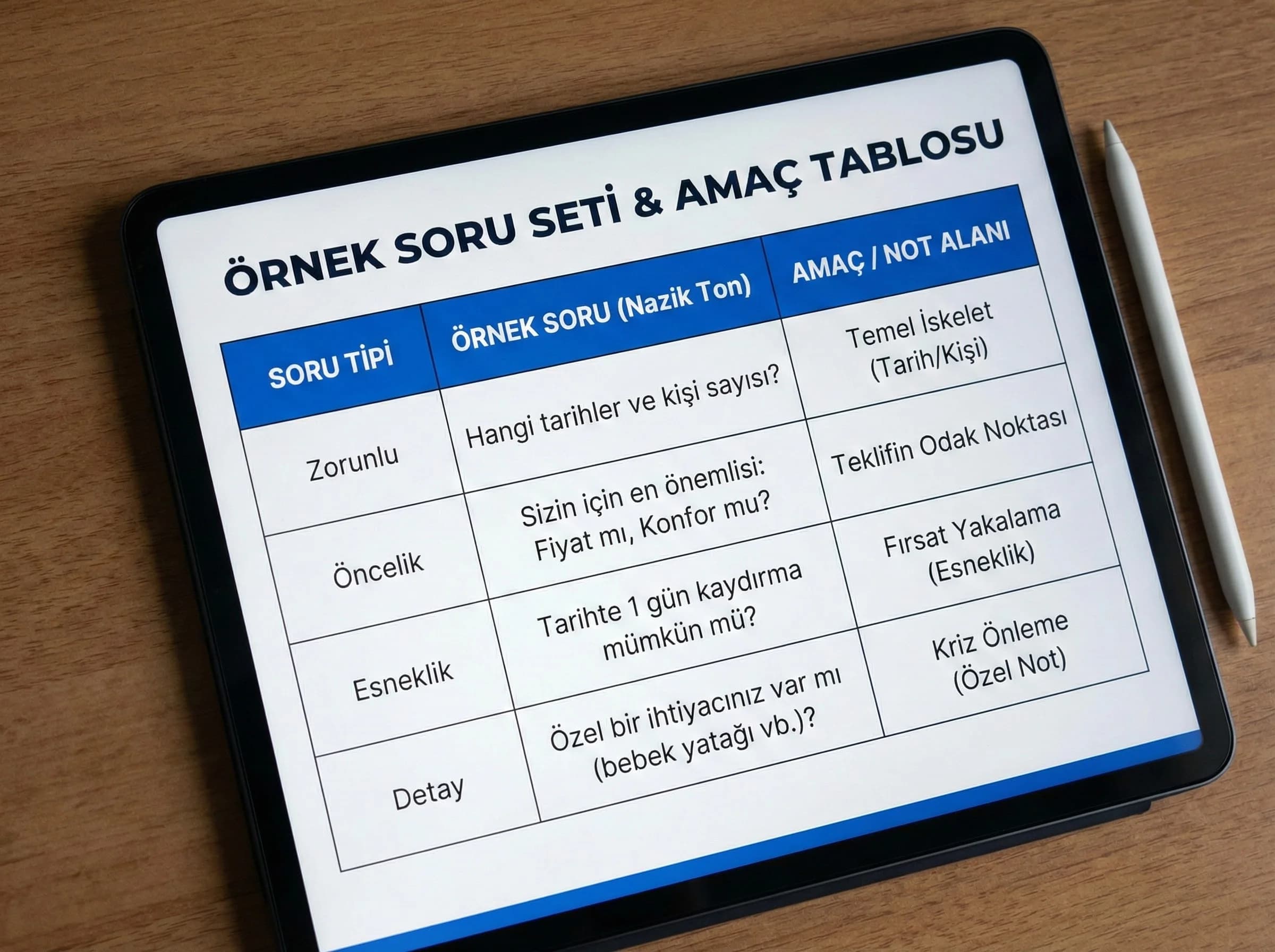 Örnek soru seti tablosu + hızlı uygulama + otel bağlamı