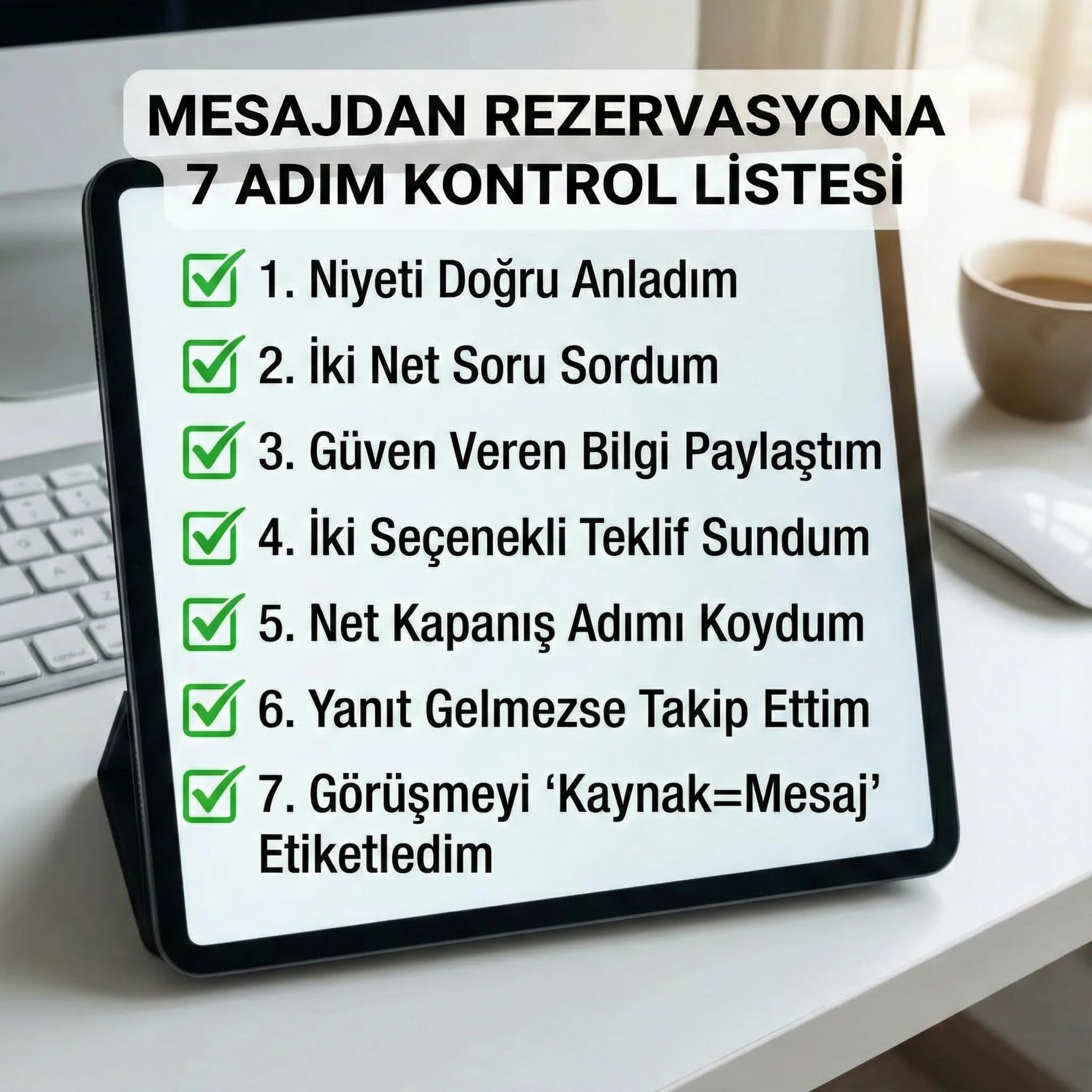 Mesajdan rezervasyona yedi adım checklist’i özetleyen otel kart görseli