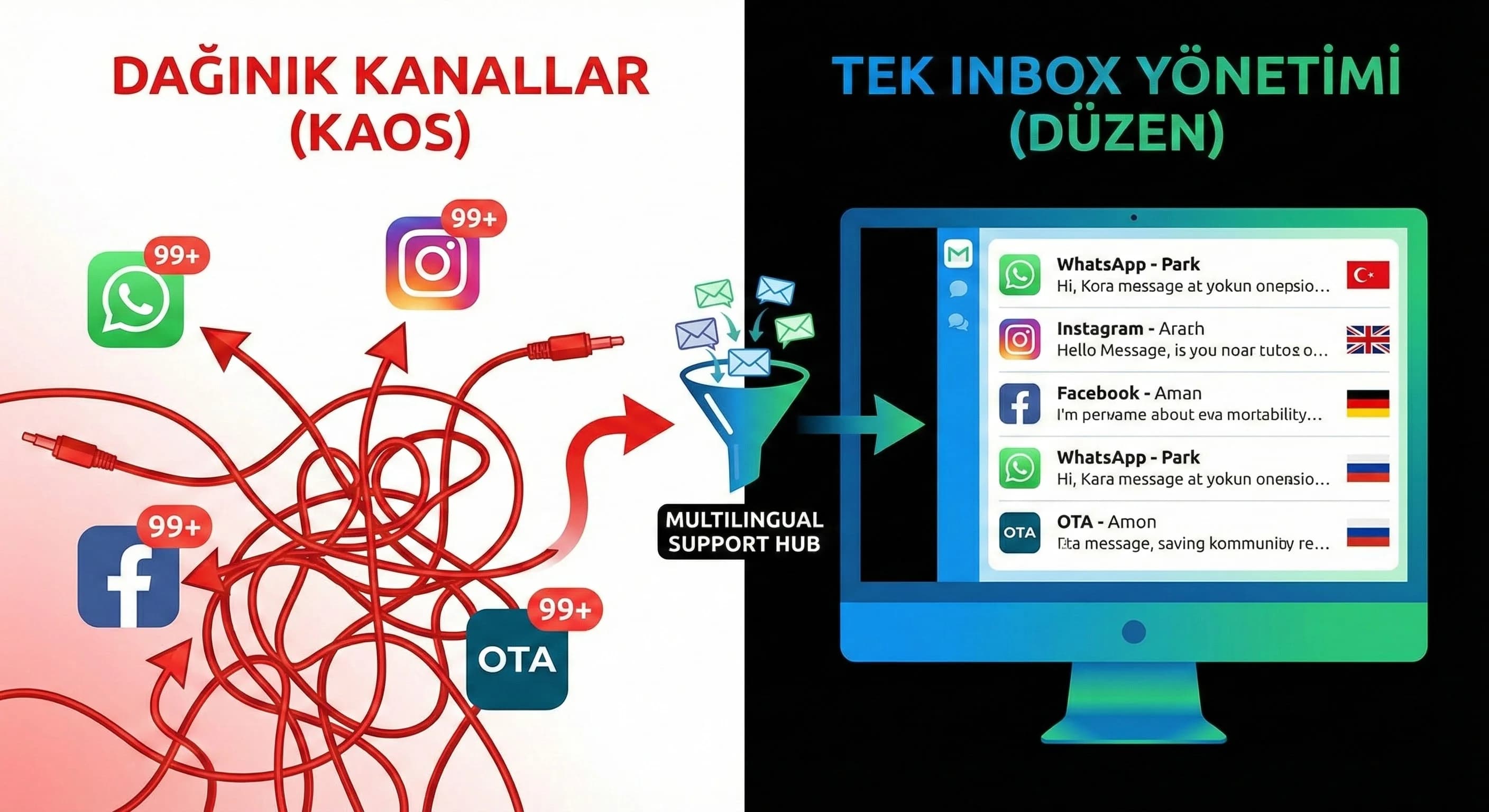 Çok dilli WhatsApp DM OTA yönetimini anlatan otel bölüm görseli
