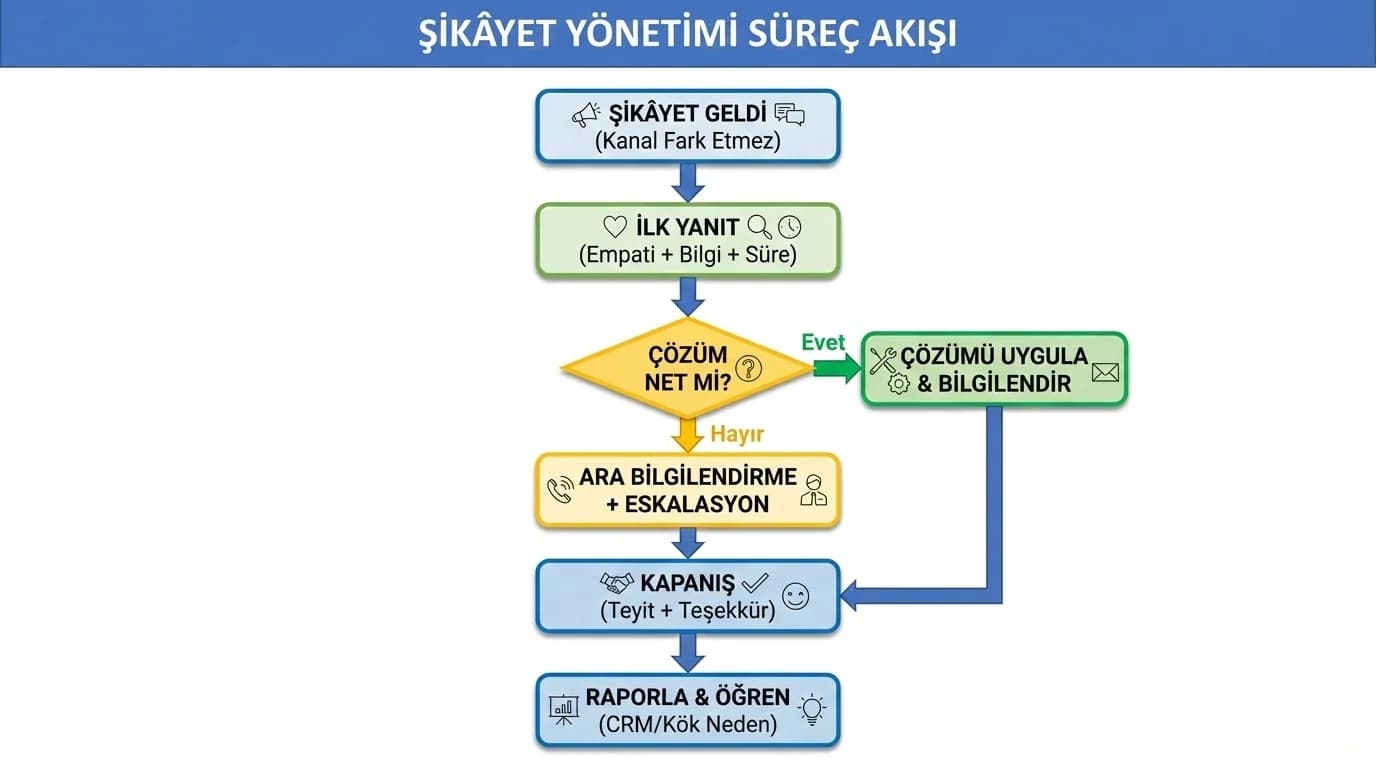 Şikâyet akış diyagramı amacı ilk yanıt çözüm kapanış otel bağlamı