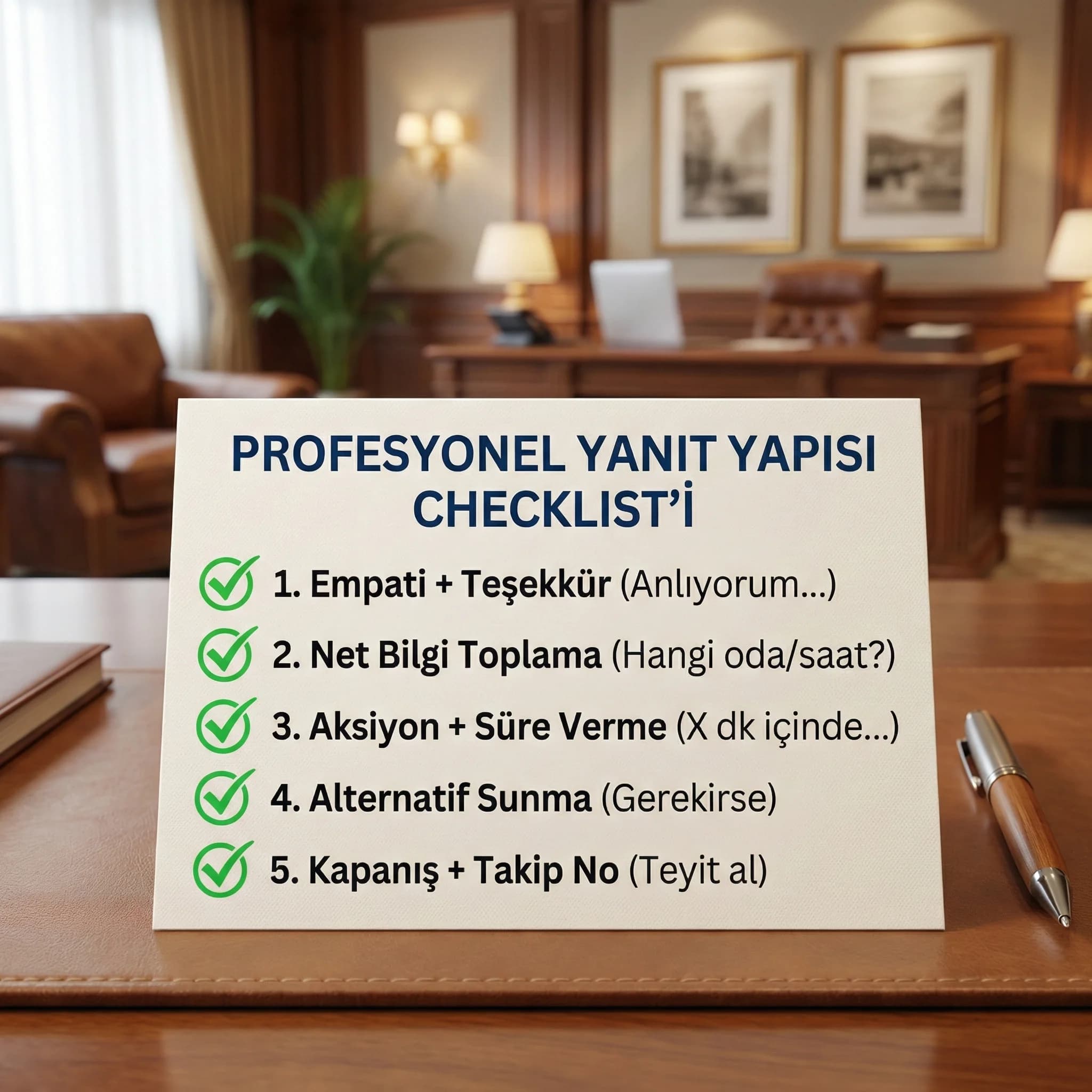 Profesyonel yanıt yapısı amacı empati aksiyon süre otel bağlamı