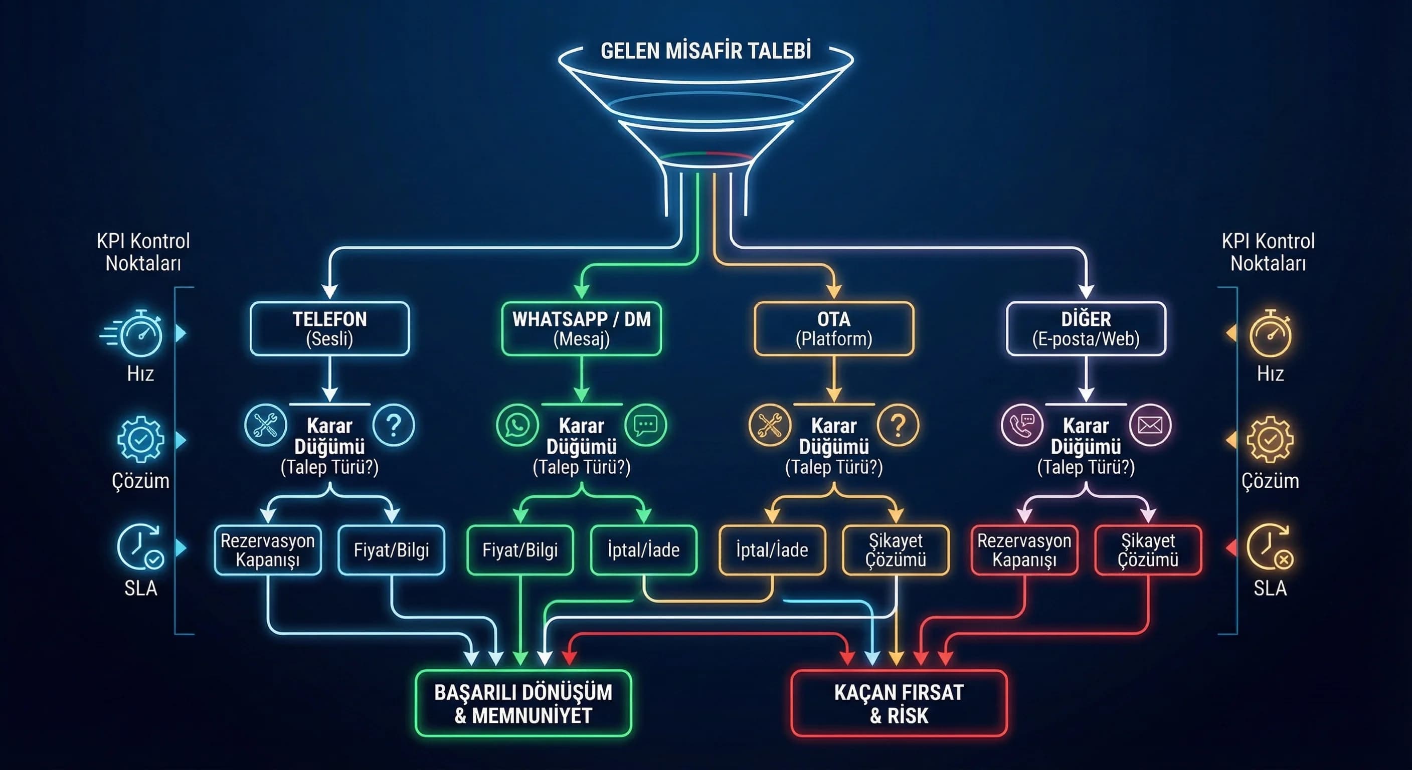 Telefon mesaj OTA funnel ve karar akışı, talep türüne göre kanal eşleme