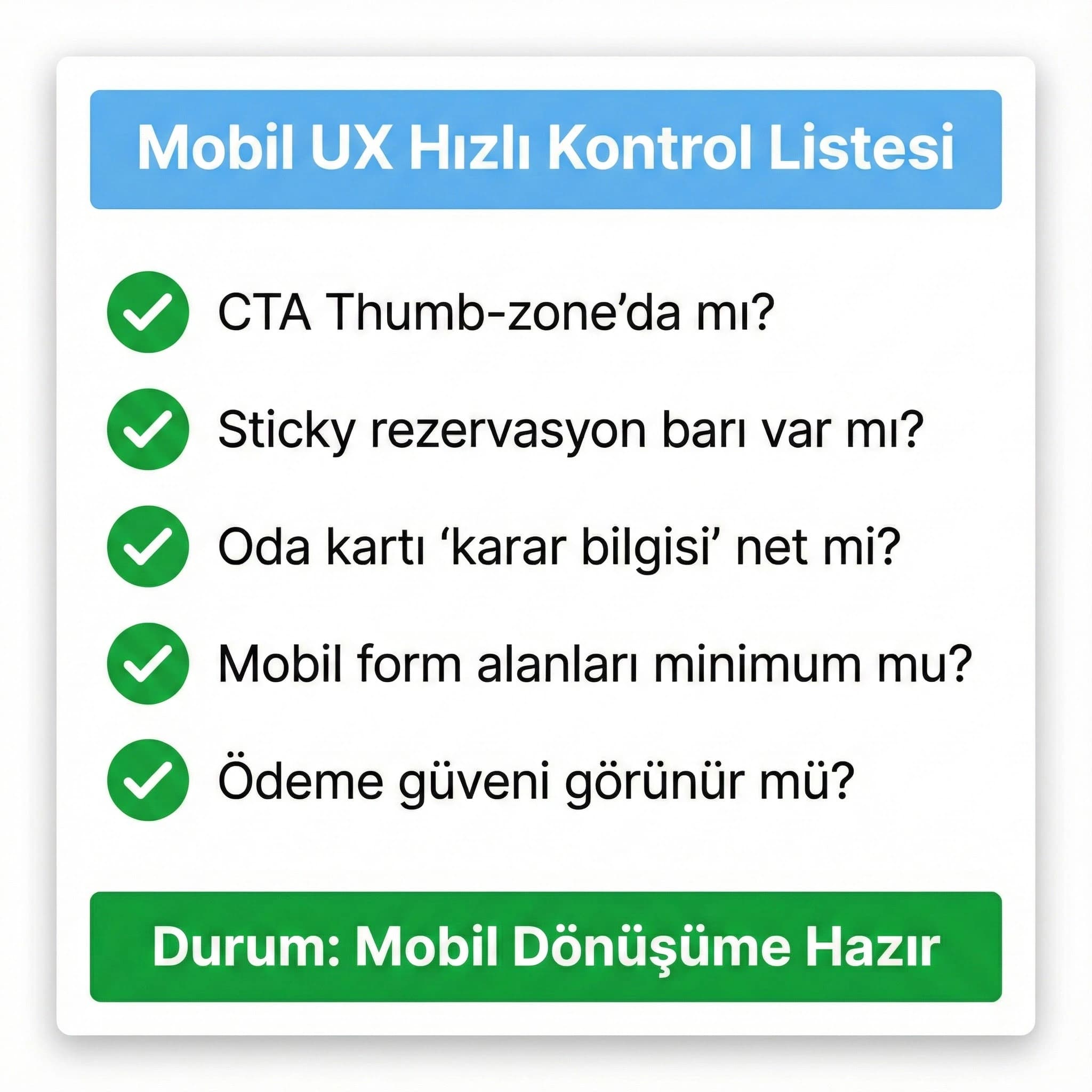 Mobil otel UX için hızlı uygulanabilir checklist kartı