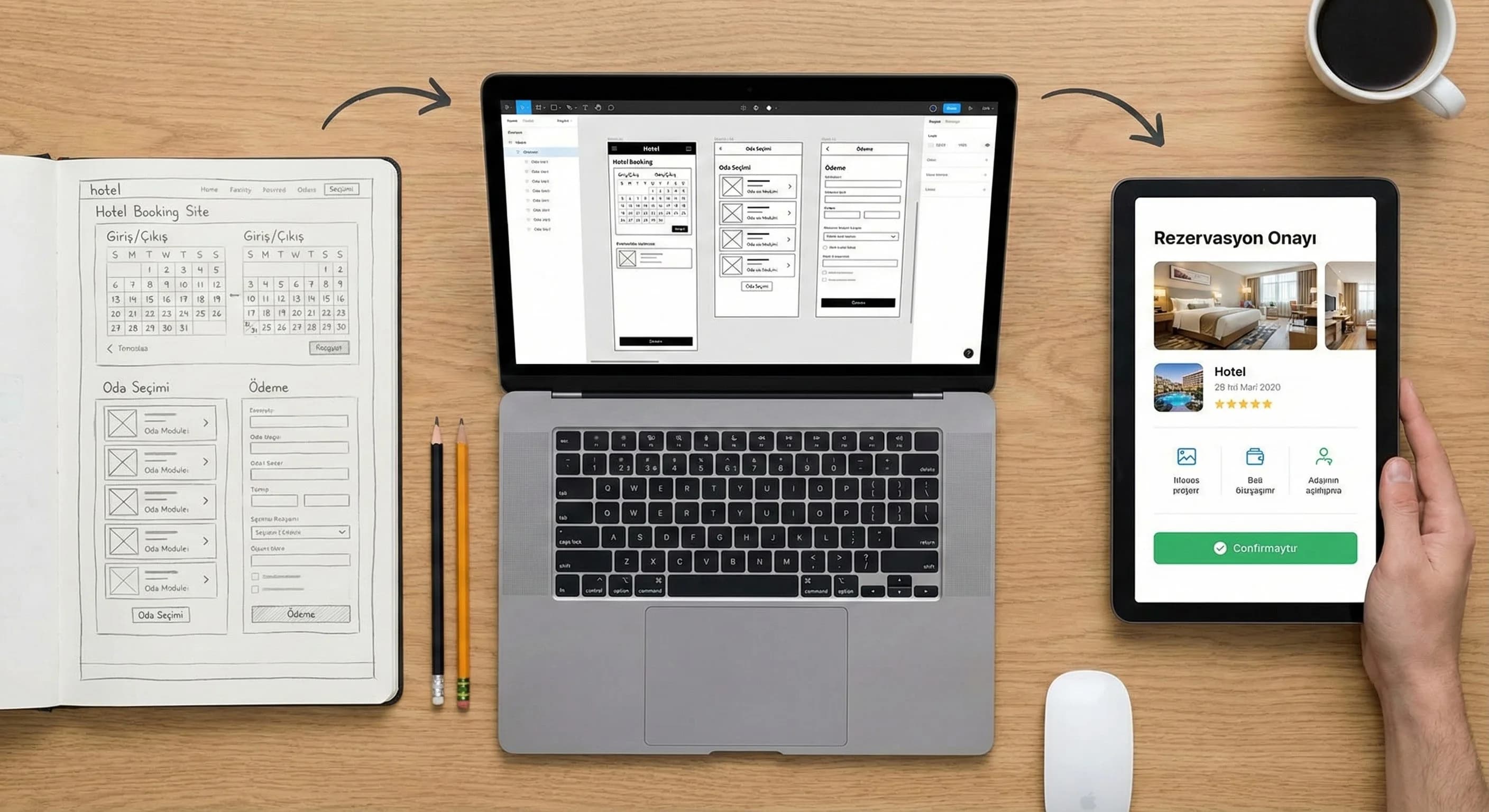 Otel rezervasyon akışını wireframe’den prototipe bağlayan bağlam görseli