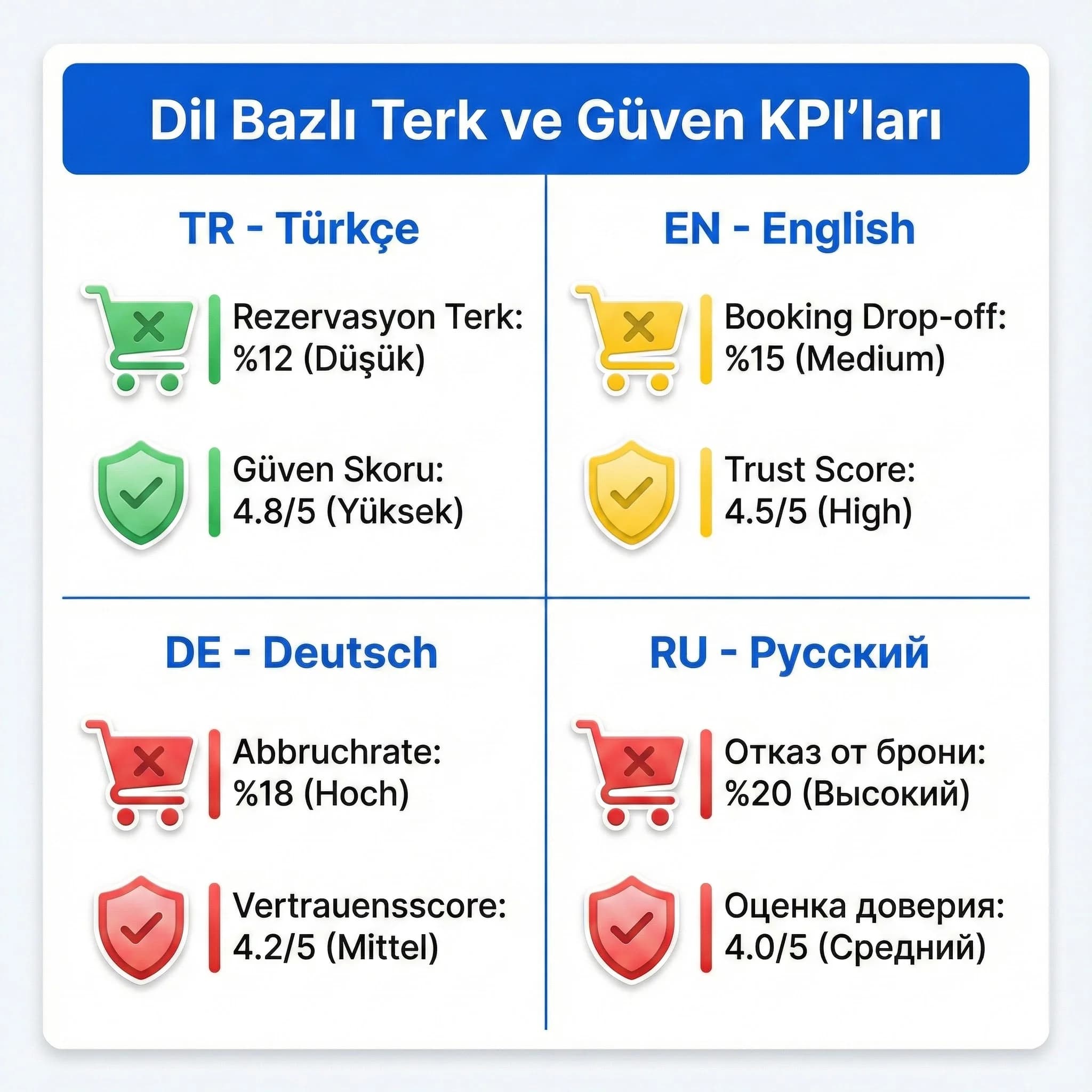 Dil bazlı terk ve güven KPI özet kartı otel bağlamı