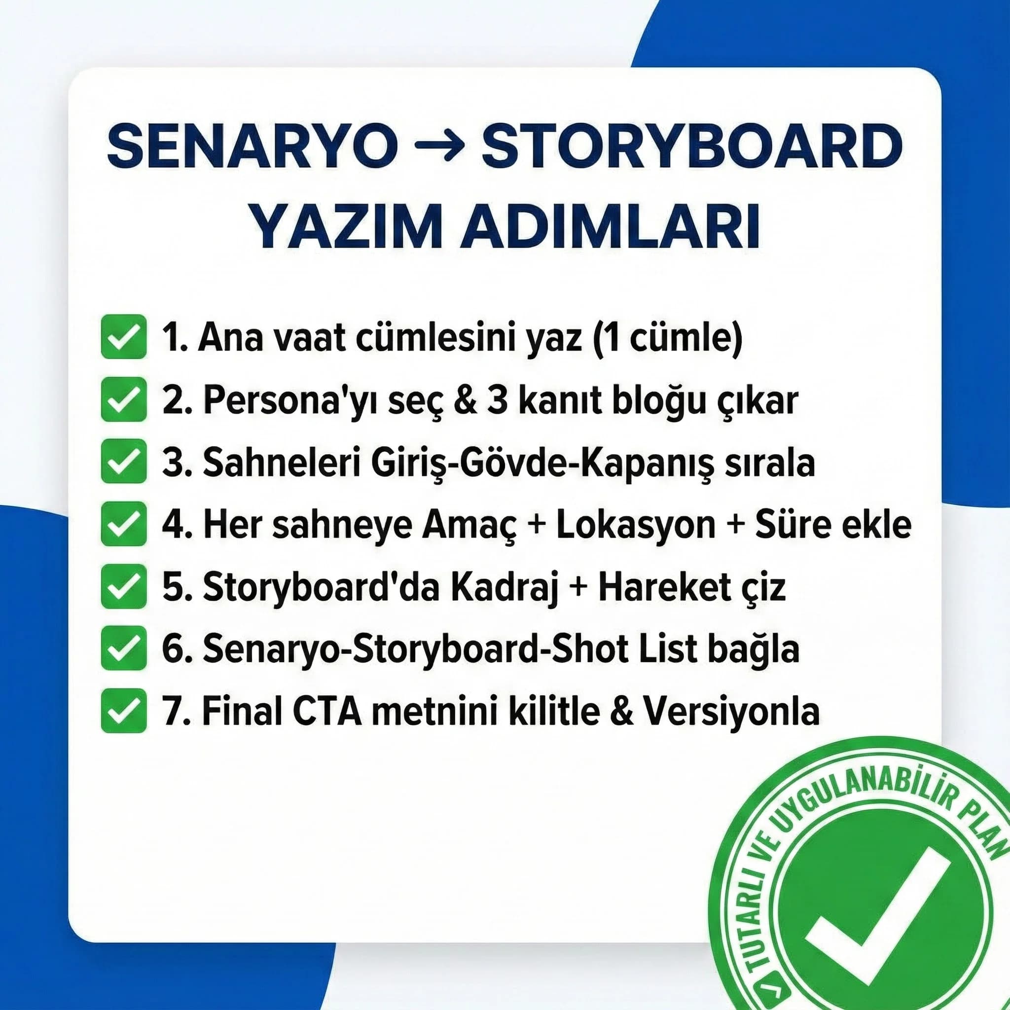 Senaryo storyboard yazım adımları ve kontrol listesi kartı