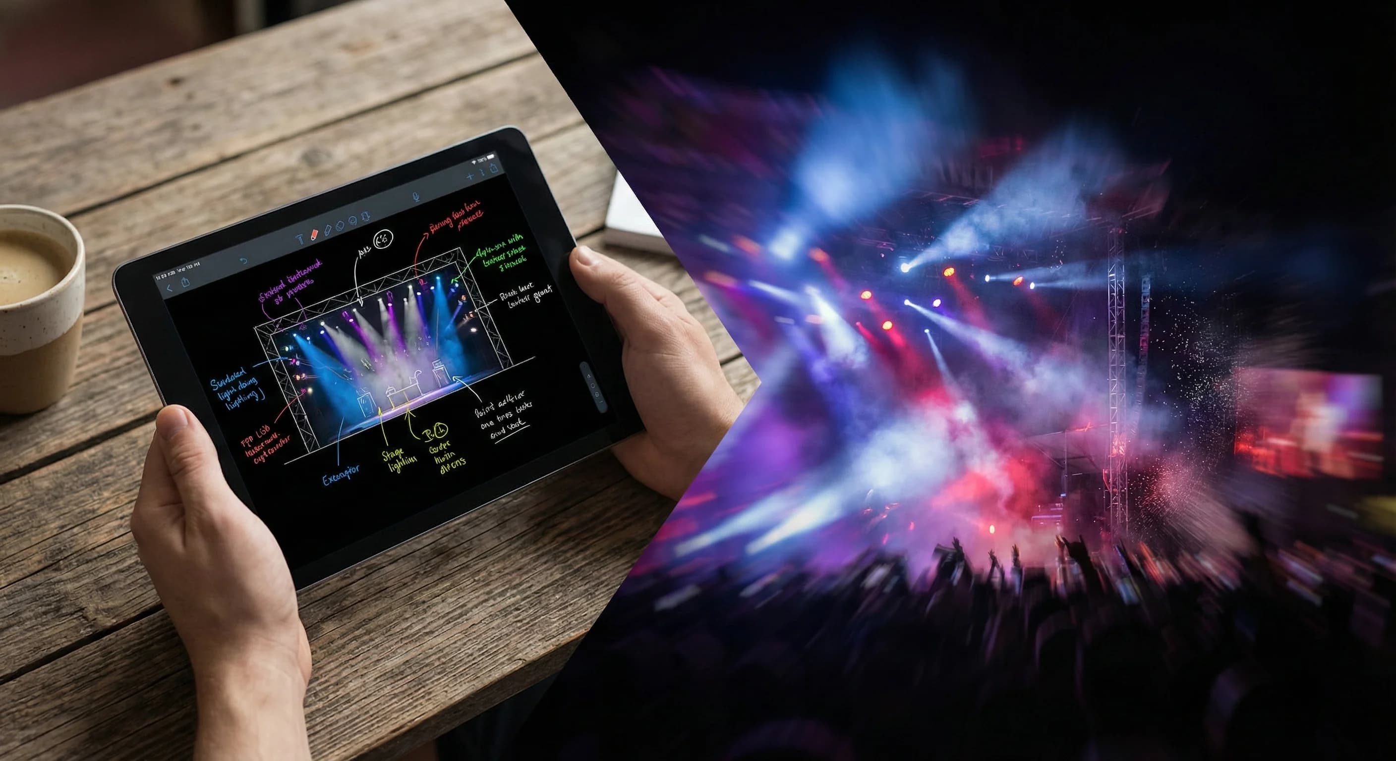 Otel konser prodüksiyonu adımlarını ayıran bölüm geçiş görsel