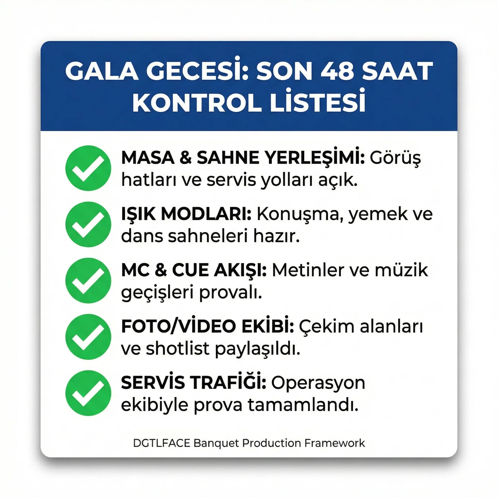 Gala gecesi son 48 saat checklist ve operasyon uyumu kartı otel bağlamı