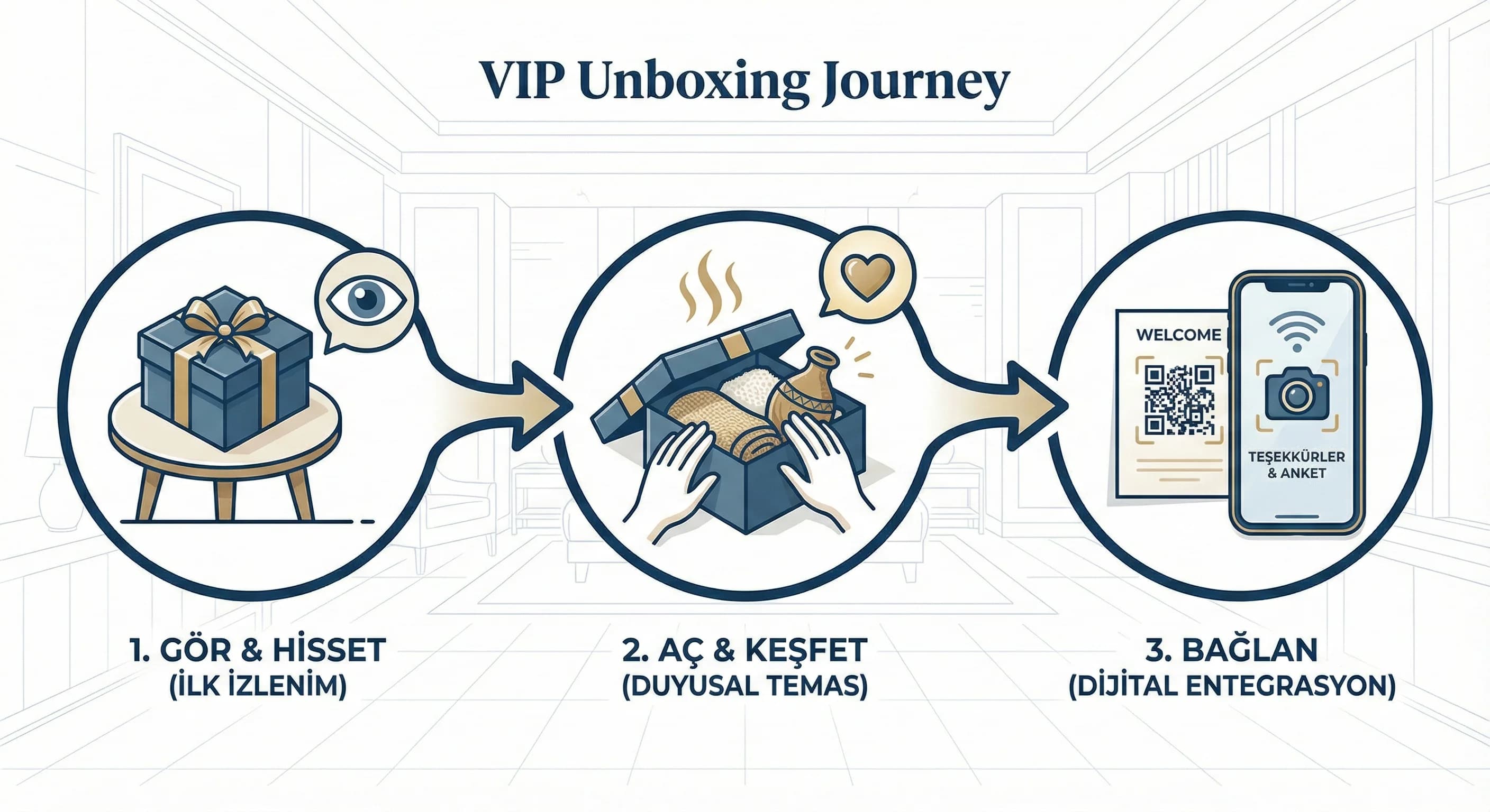 VIP unboxing akışı diyagramı, duyusal tasarım ve otel deneyimi bağlamı