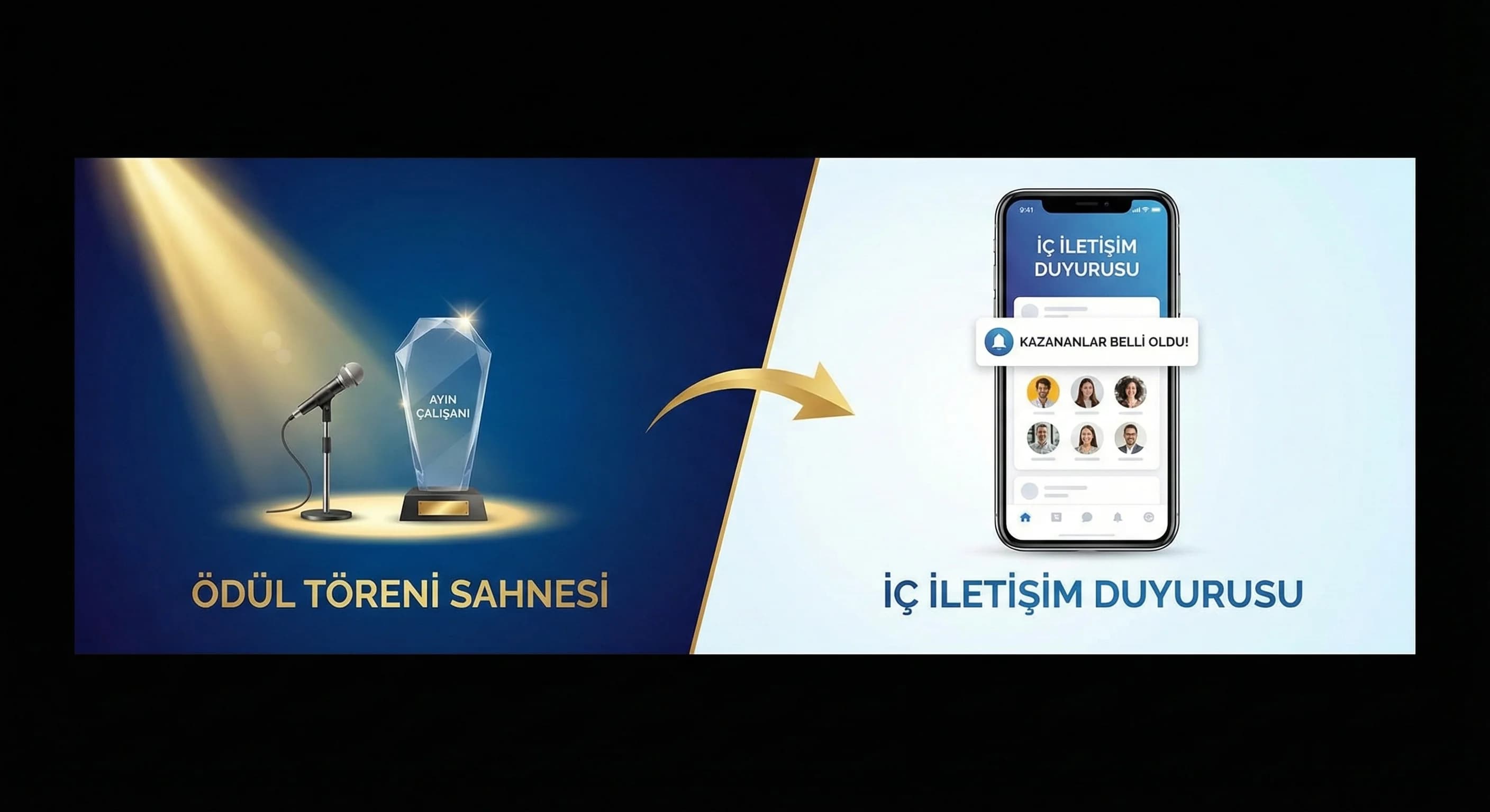 Ödül töreni sahnesi ve iç iletişim duyurusu, otel kültürü bağlamı