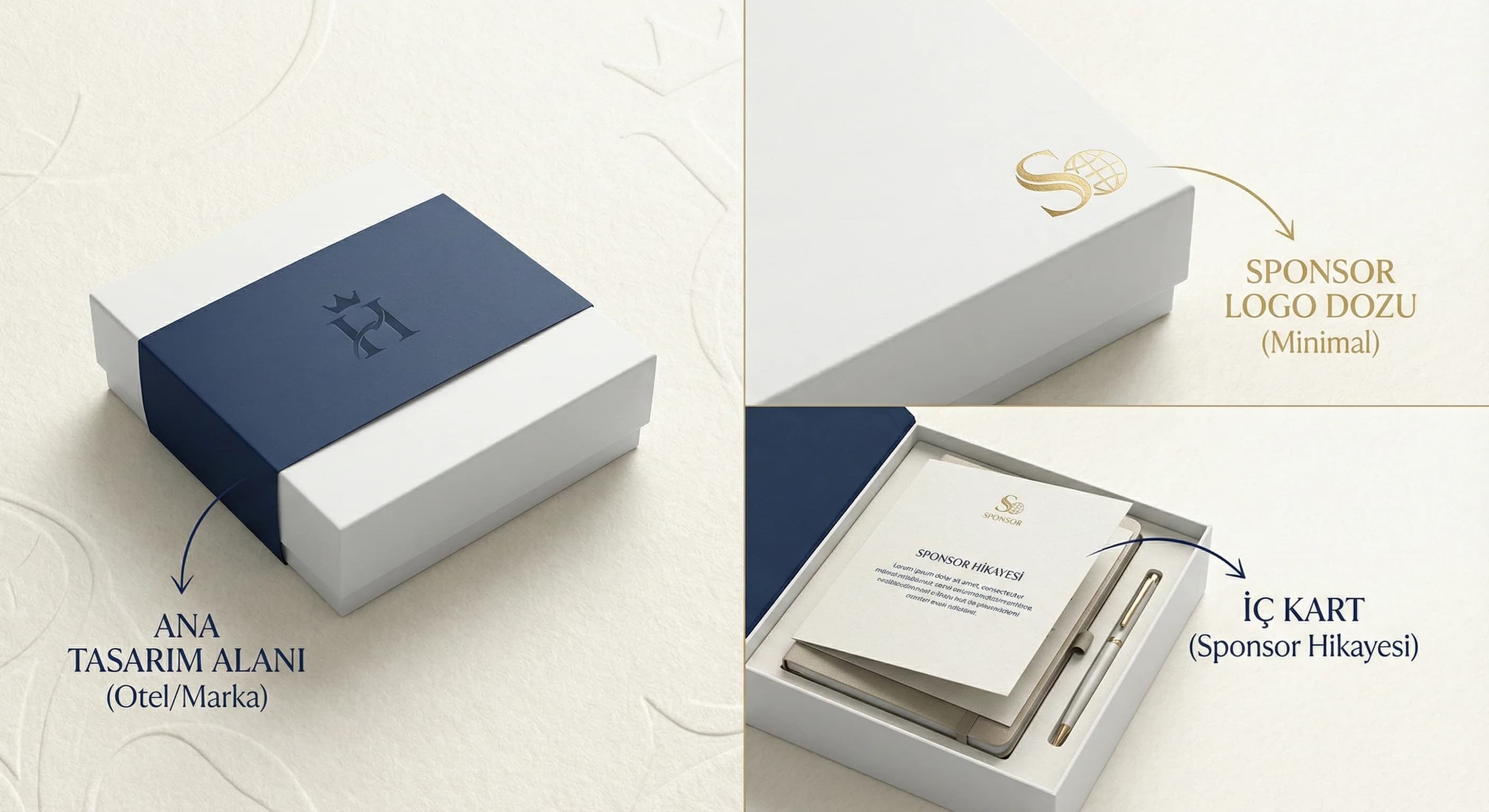 Sponsor-dostu kutu tasarımı, branding alanları ve otel etkinlik bağlamı