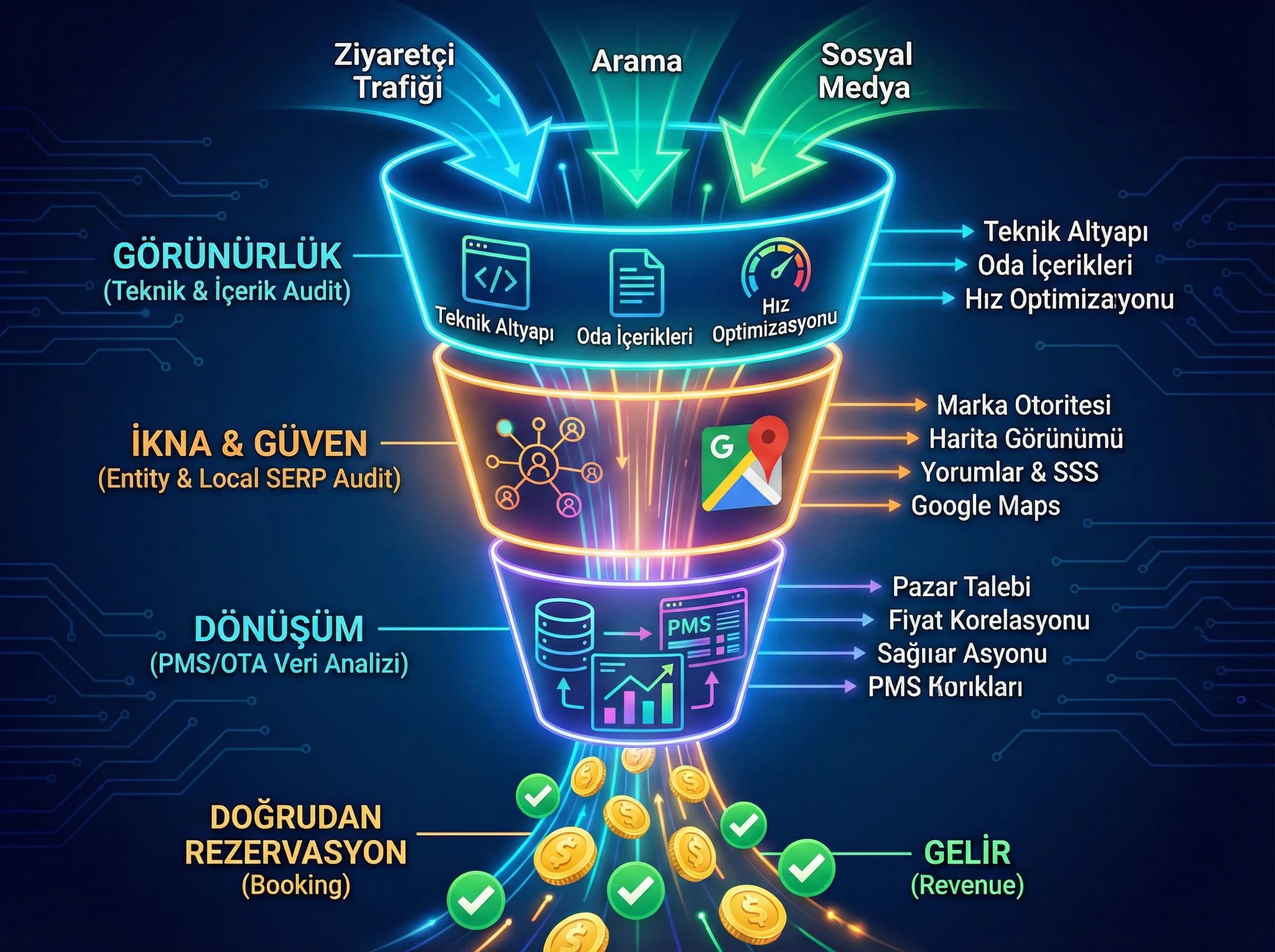 360° audit katmanları + otel funnel bağlamı