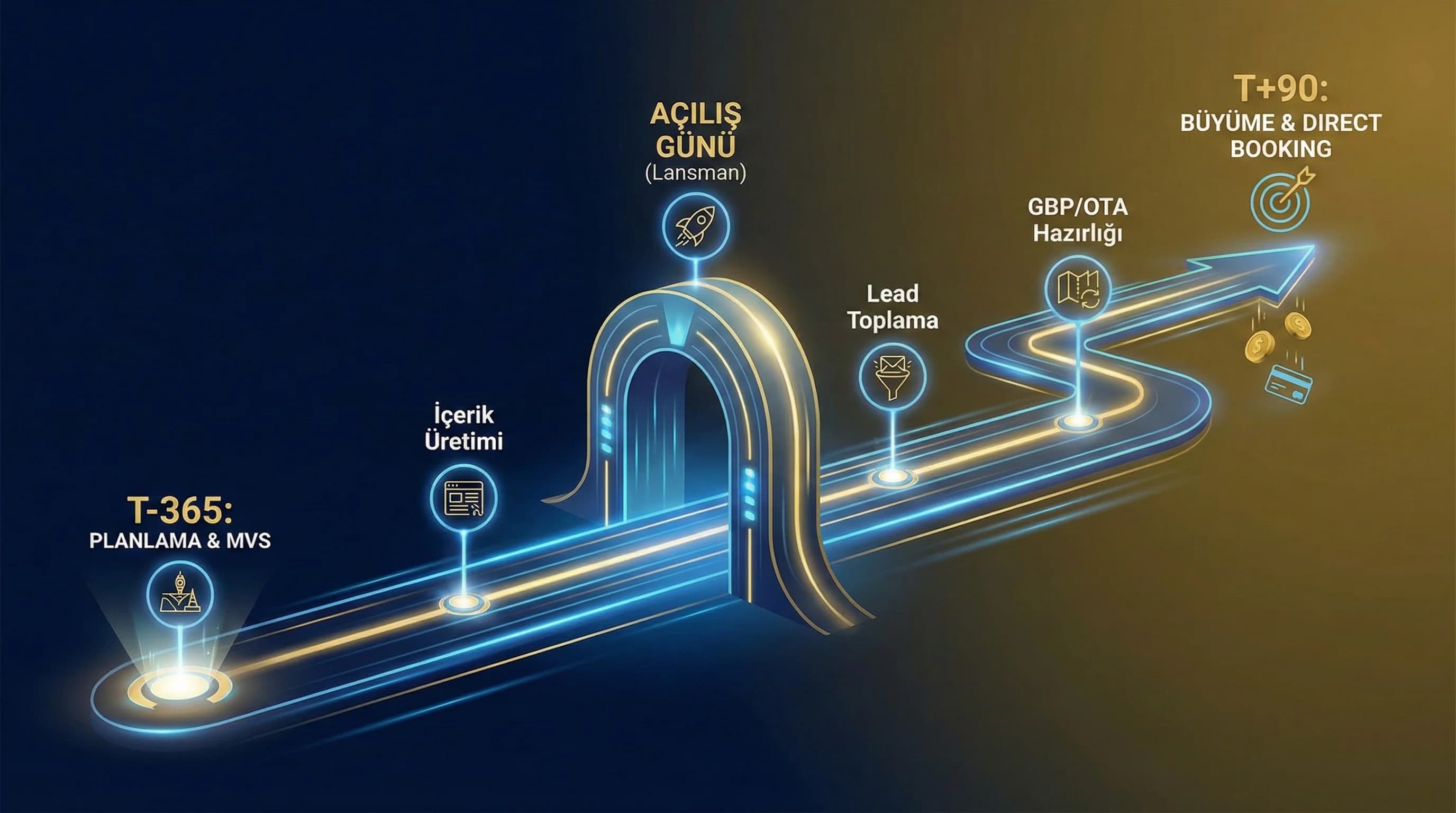 T-365→T+90 zaman çizelgesi + yapılacaklar + direkt rezervasyon hedefi