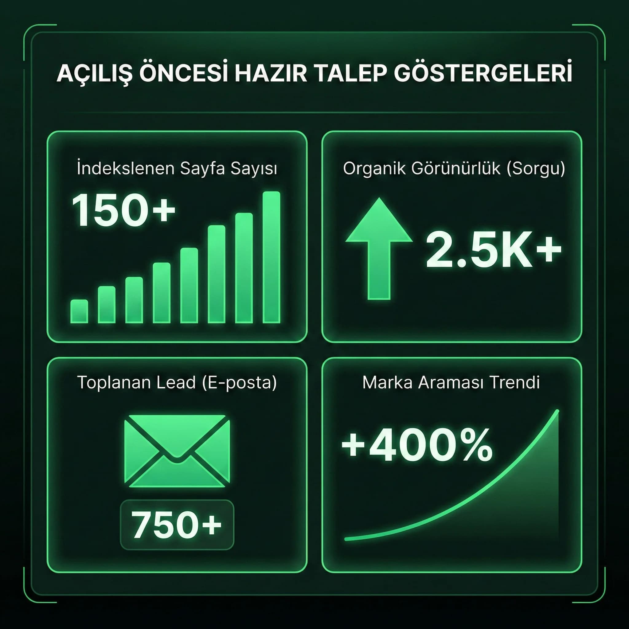 Index + görünürlük + lead + brand query KPI kartı