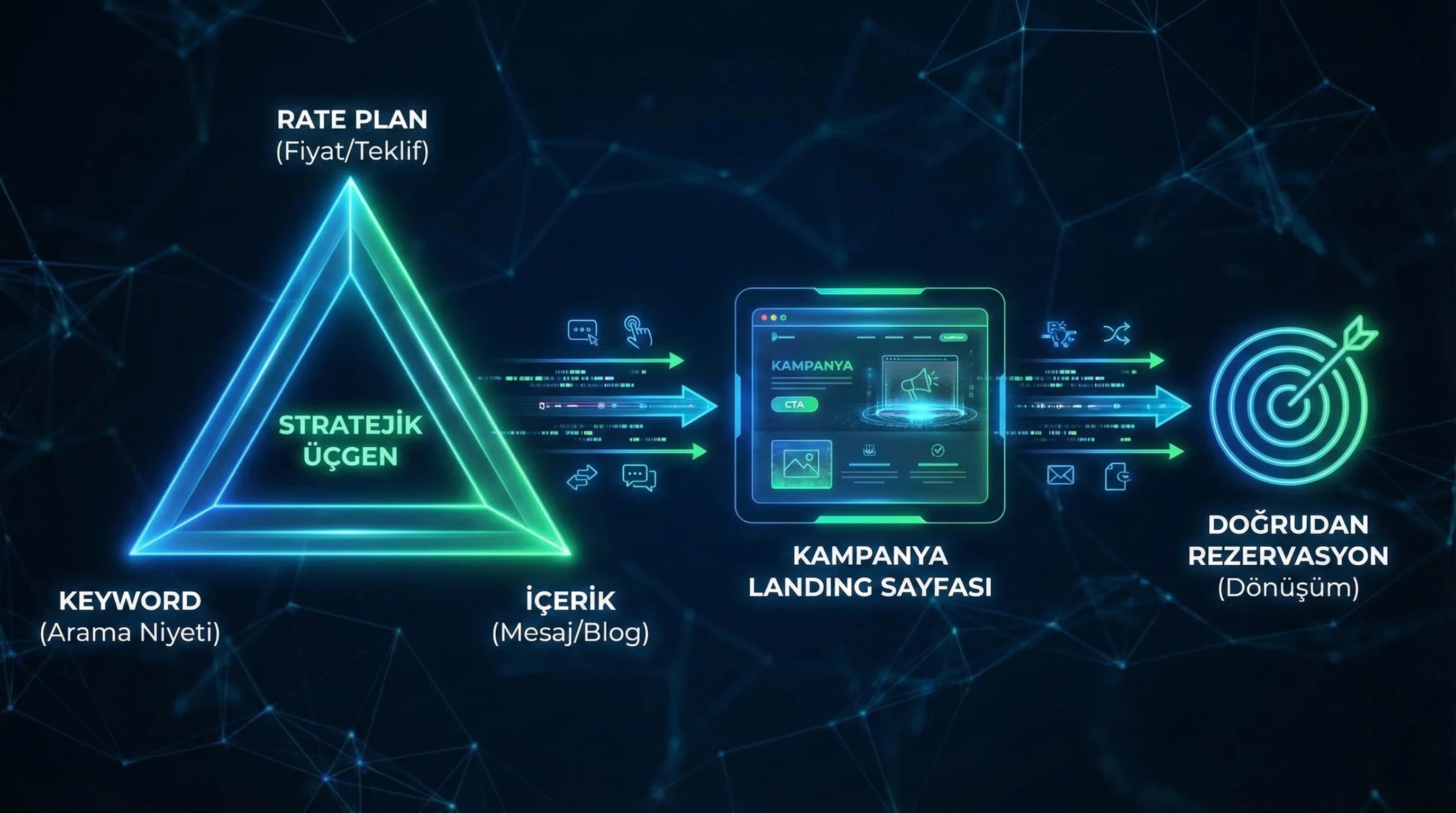 Rate plan + keyword + içerik üçgeni + kampanya→landing akışı