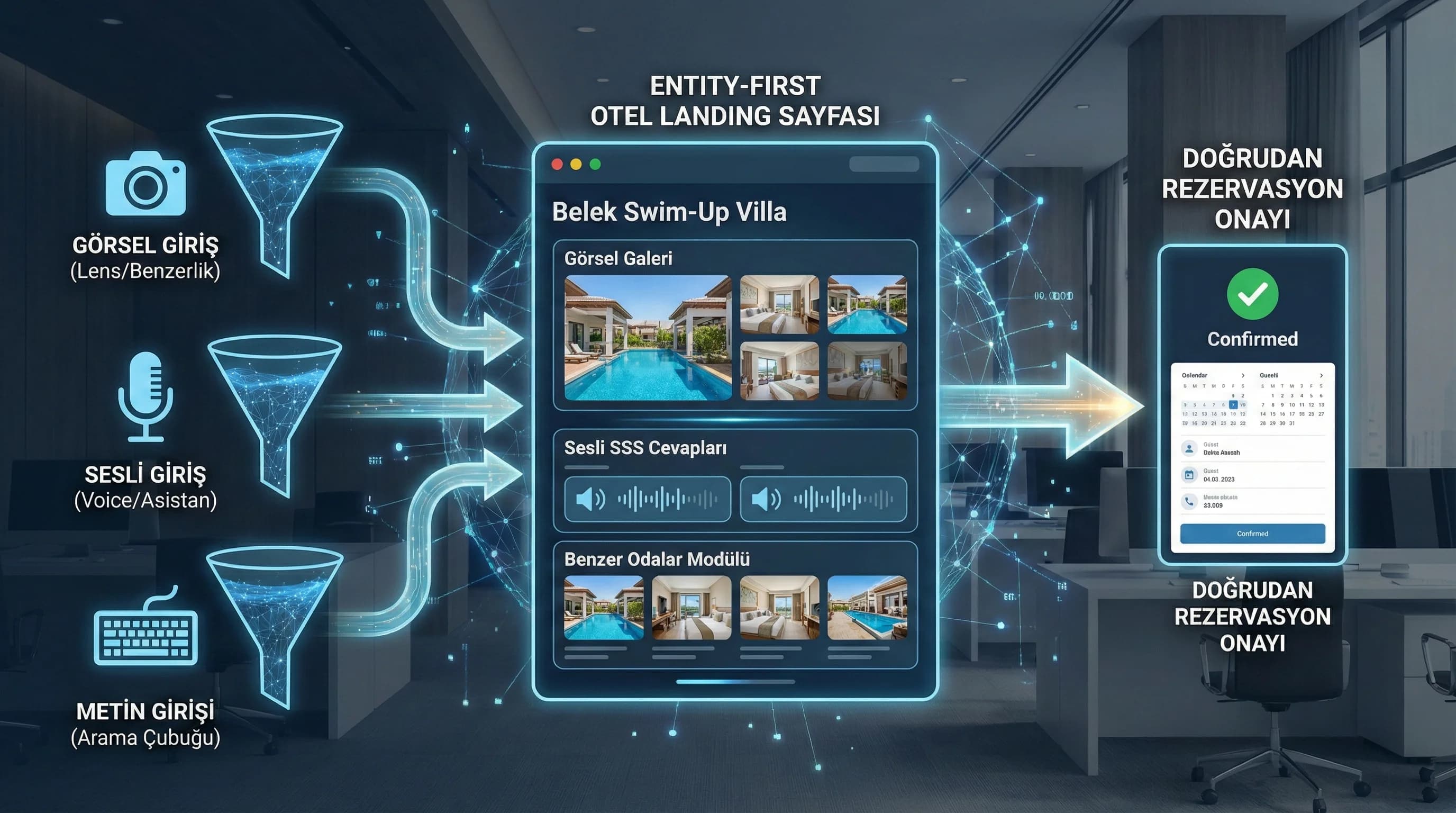 Görsel/ses/metin akışı + entity yapısı + otel landing bağlamı