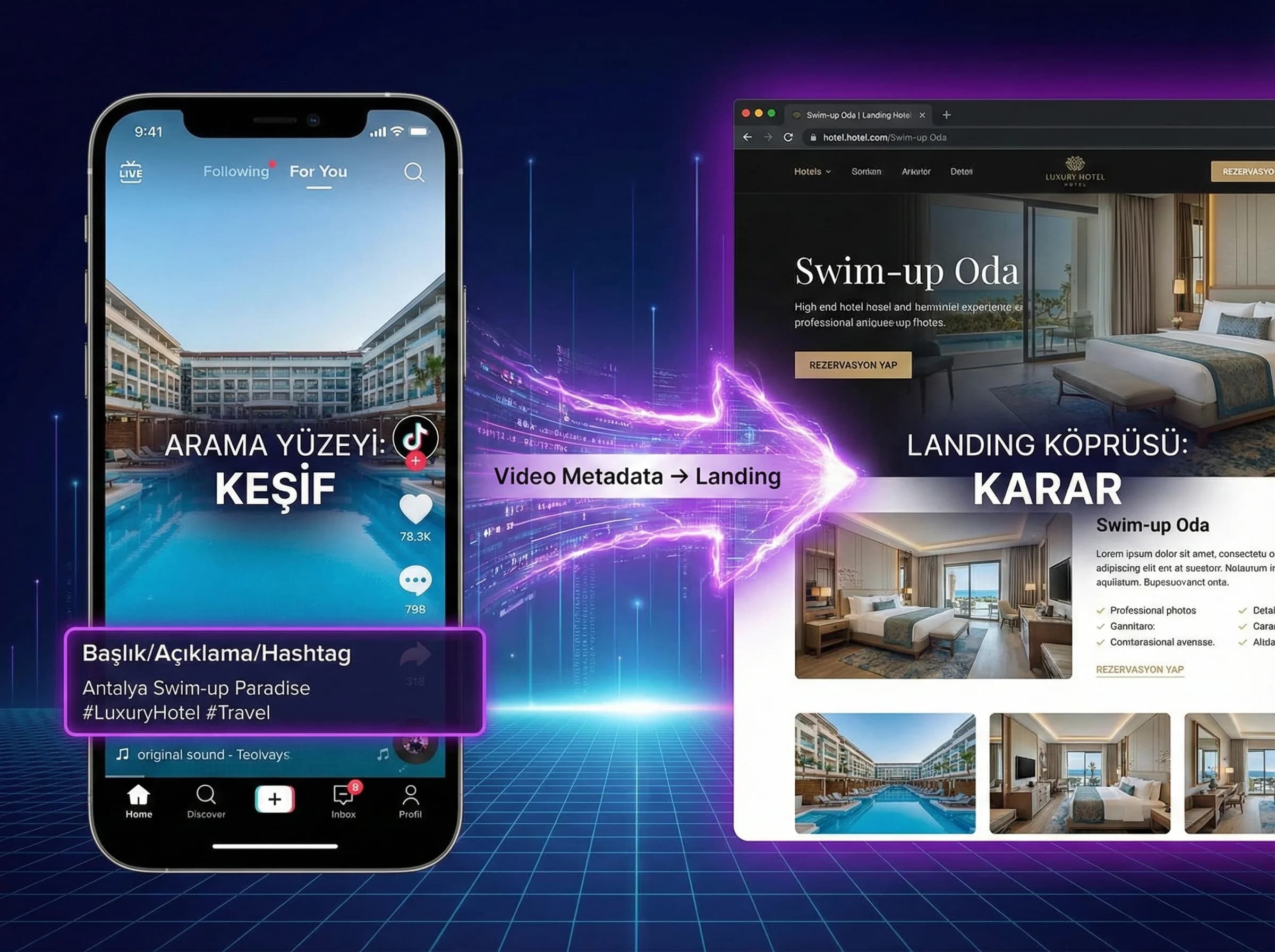 TikTok Search arama yüzeyi + video metadata + landing köprüsü