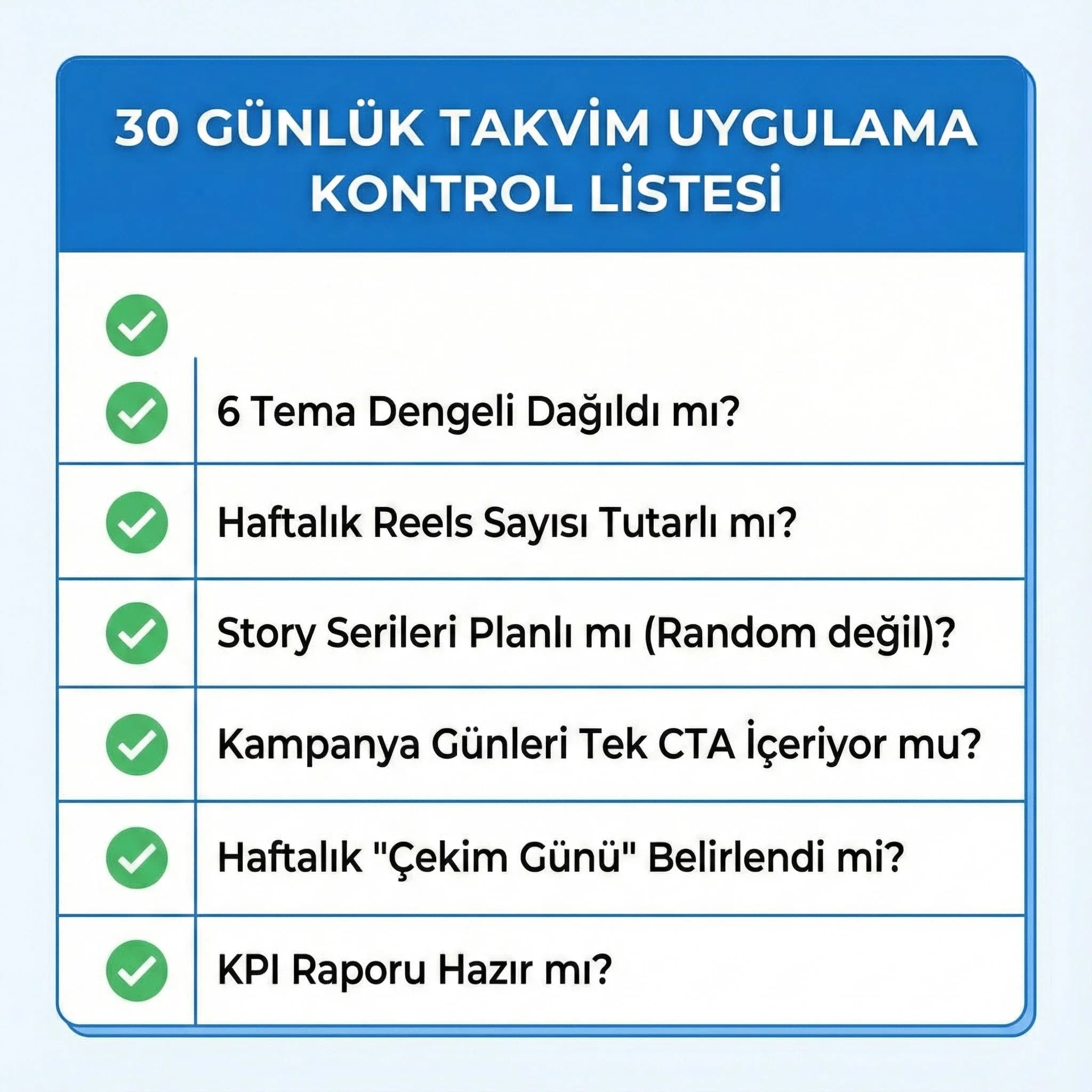 30 günlük içerik takvimi uygulama kontrol kartı görseli