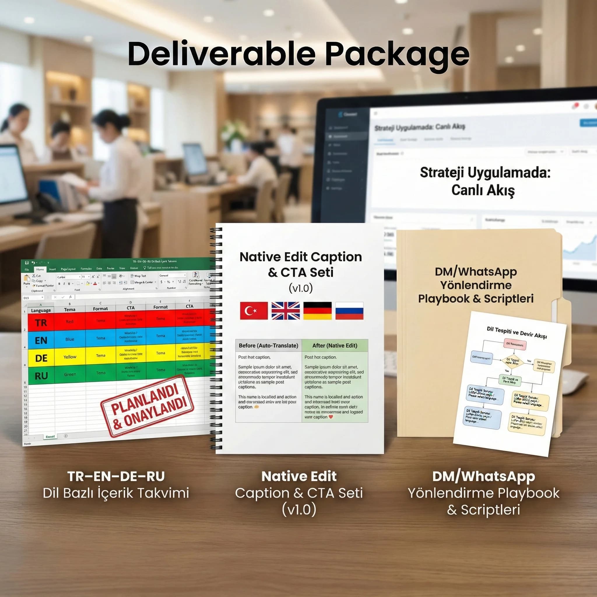 Dil bazlı takvim + caption + yönlendirme deliverable kartı