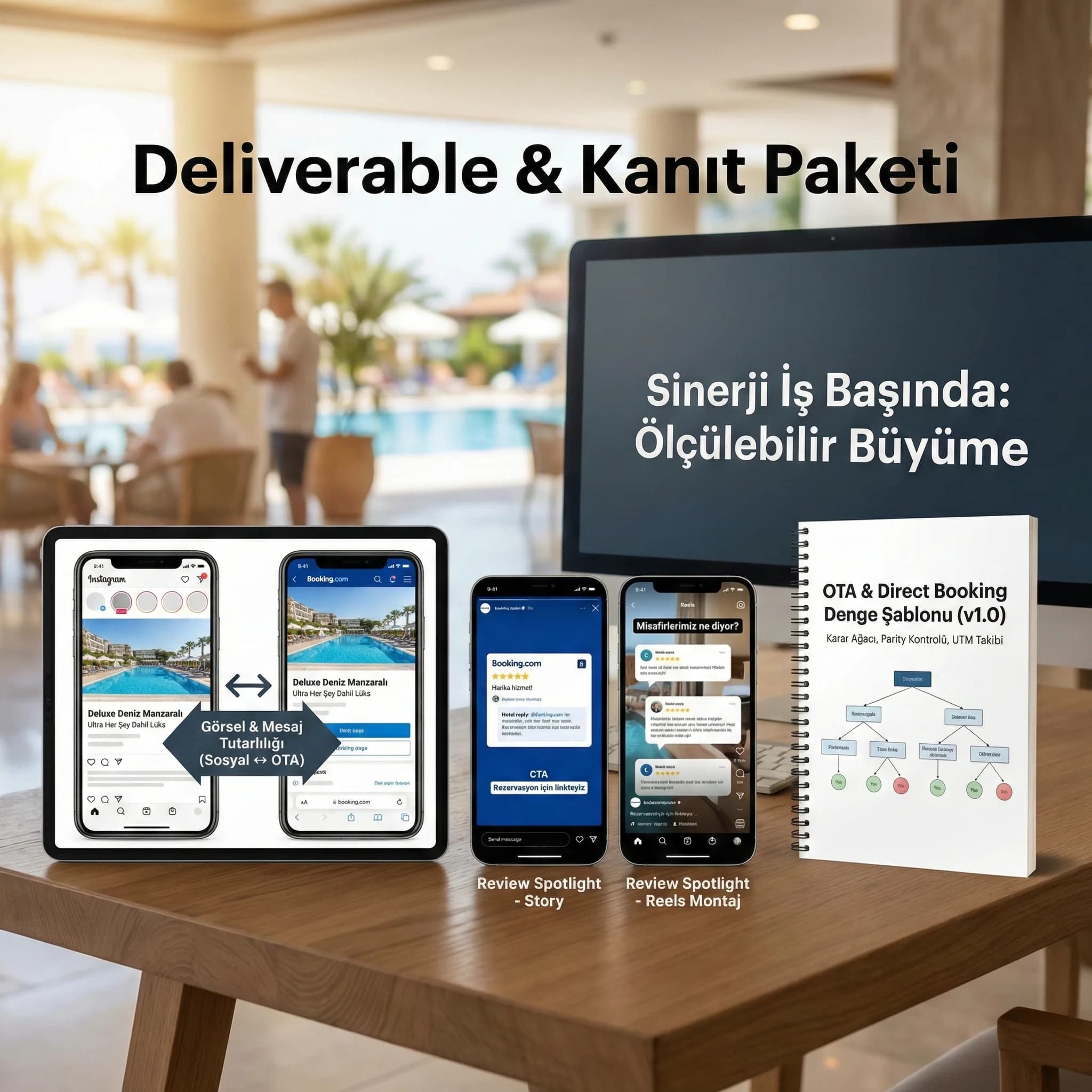 OTA profil ekran mockup’ları + review spotlight örneklerini gösteren proof kartı