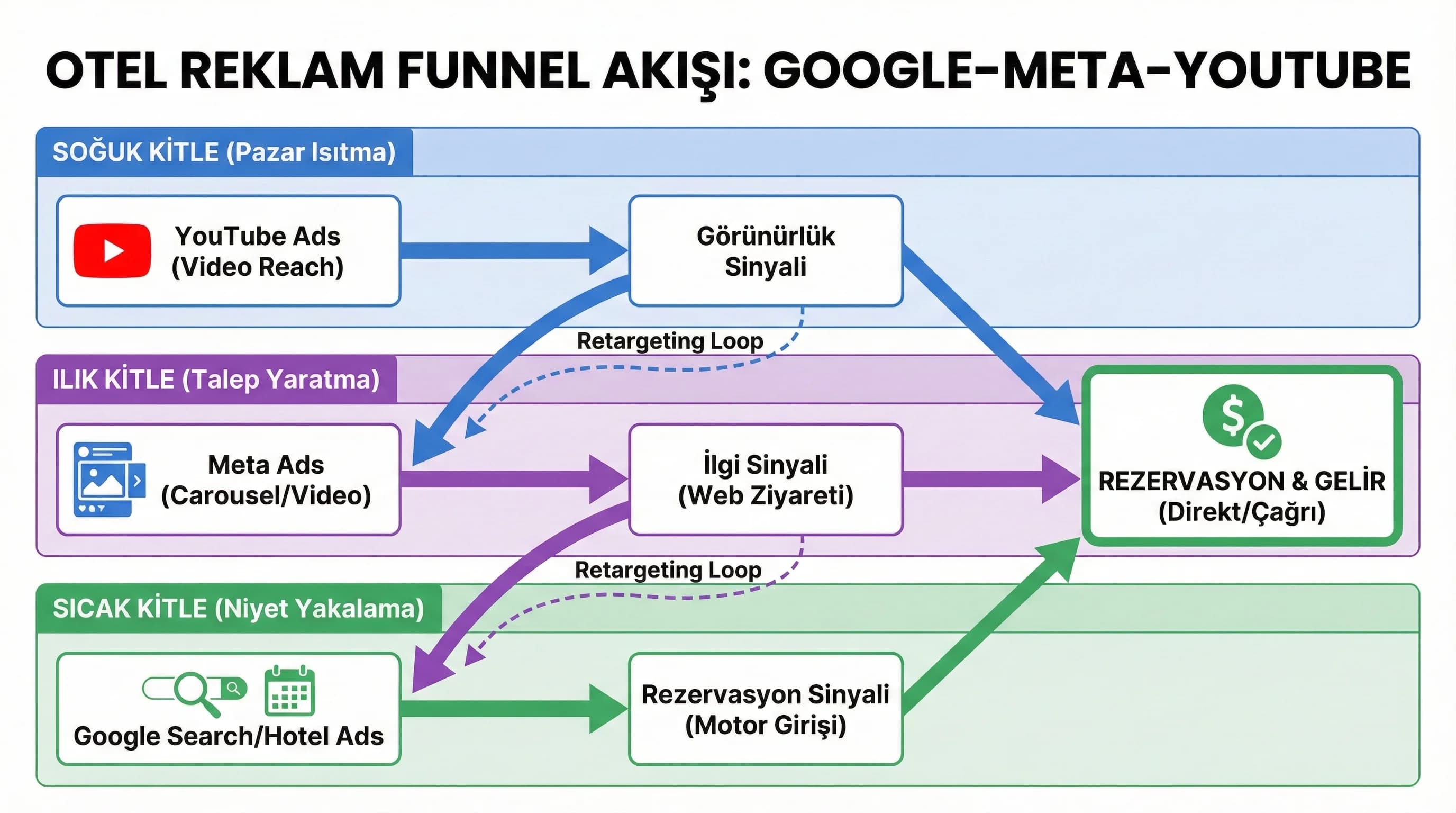YouTube Meta Google funnel akışını otel reklamında gösteren diyagram
