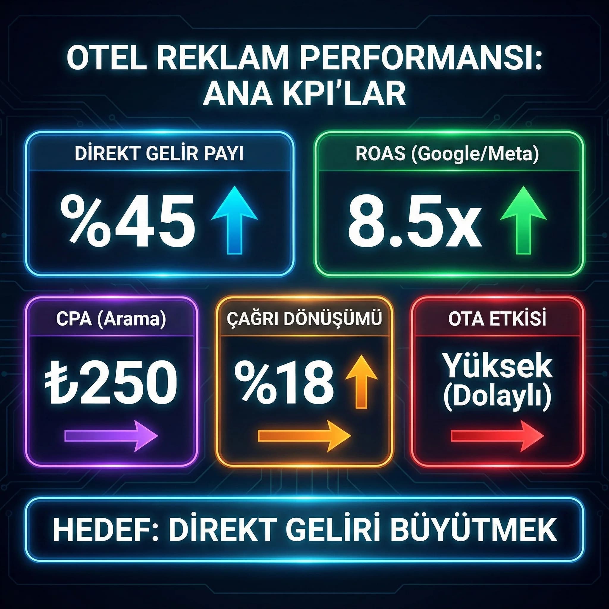 Otel reklam performansını 3–5 KPI ile özetleyen skor kartı