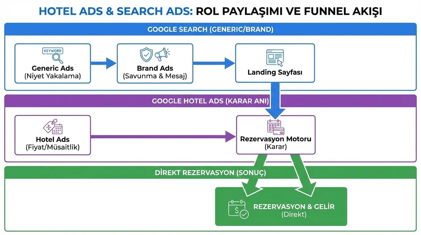 Hotel Ads ve Search rol paylaşımını otel funnel akışında gösteren diyagram
