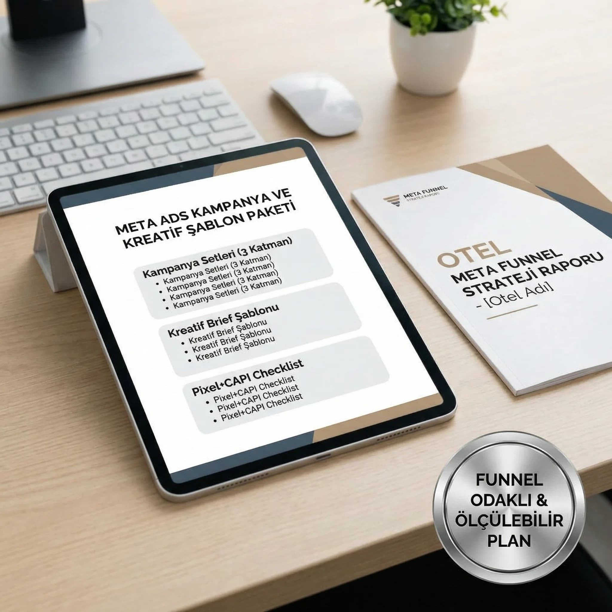 Otel için 3 Meta kampanya seti ve çıktıları gösteren proof kartı