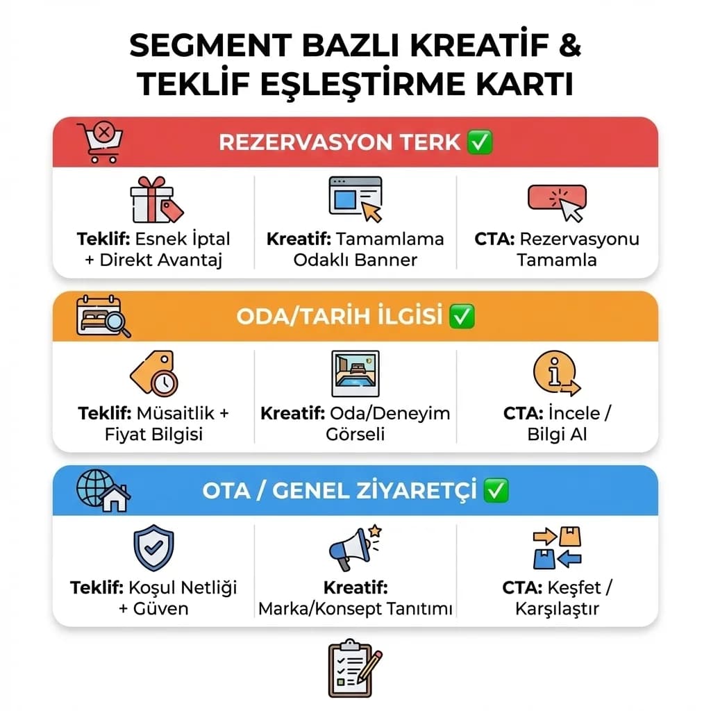 Segment bazlı kreatif ve teklif eşleştirmesini özetleyen checklist kartı