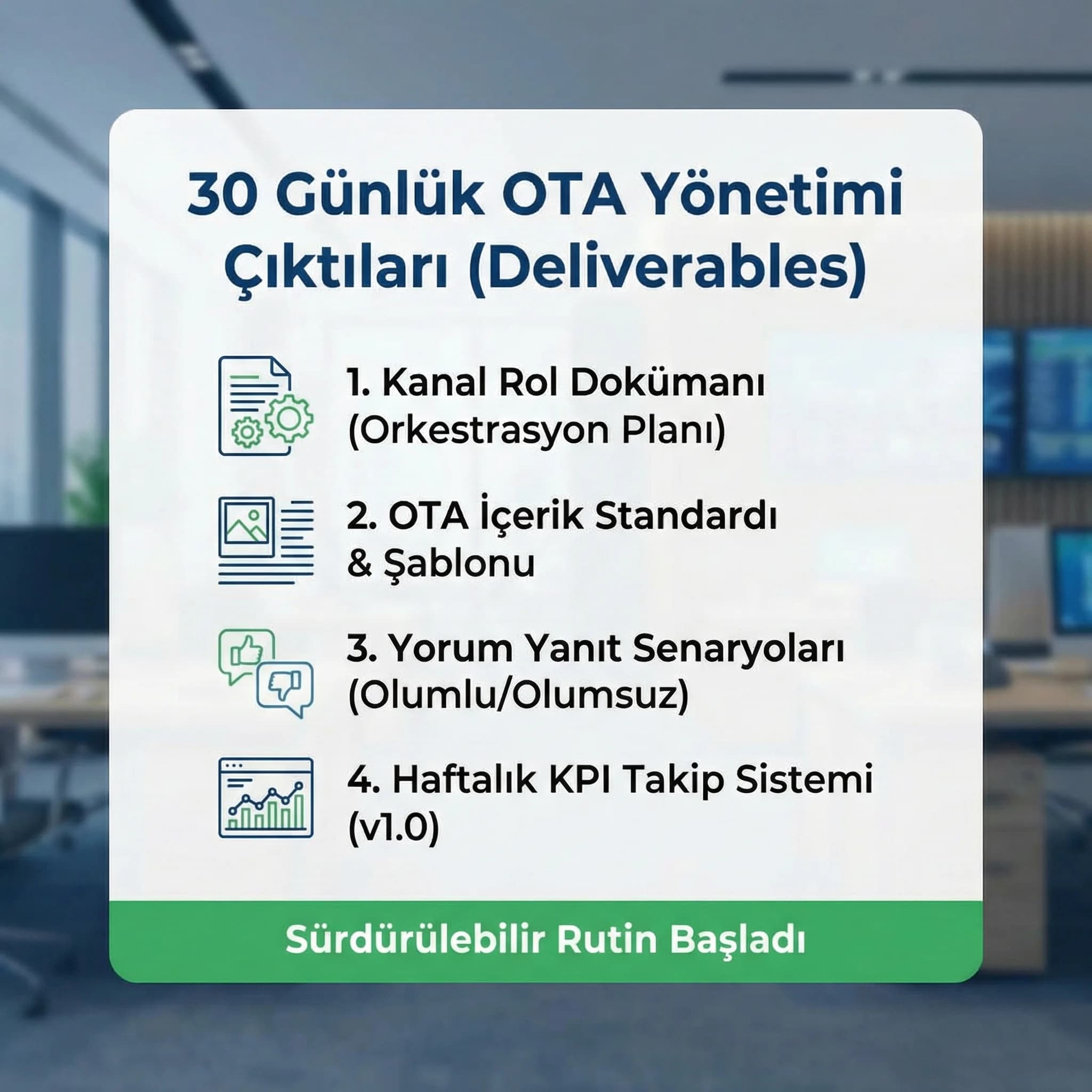 30 günlük deliverables özeti, amaç: süreç çıktıları, otel yönetim bağlamı
