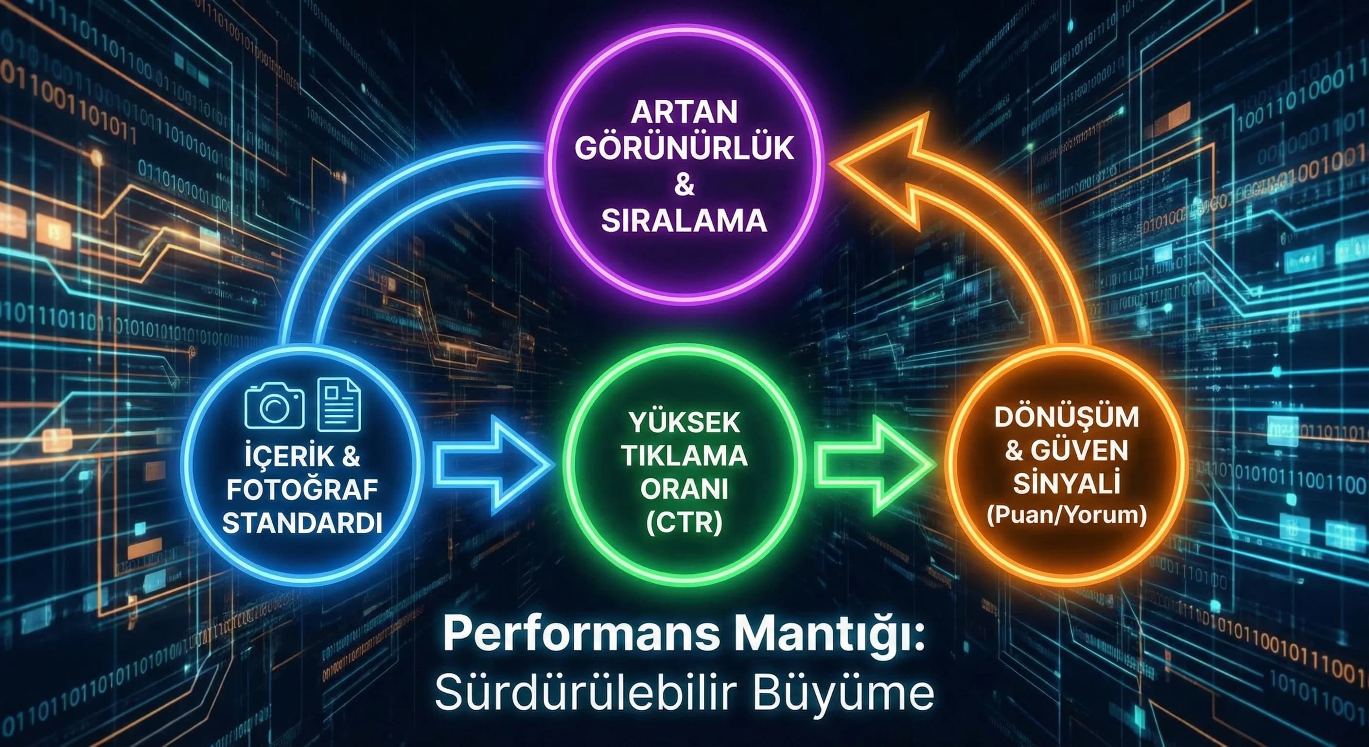 İçerik→CTR→dönüşüm→görünürlük döngüsü, amaç: performans mantığı, otel gelir bağlamı