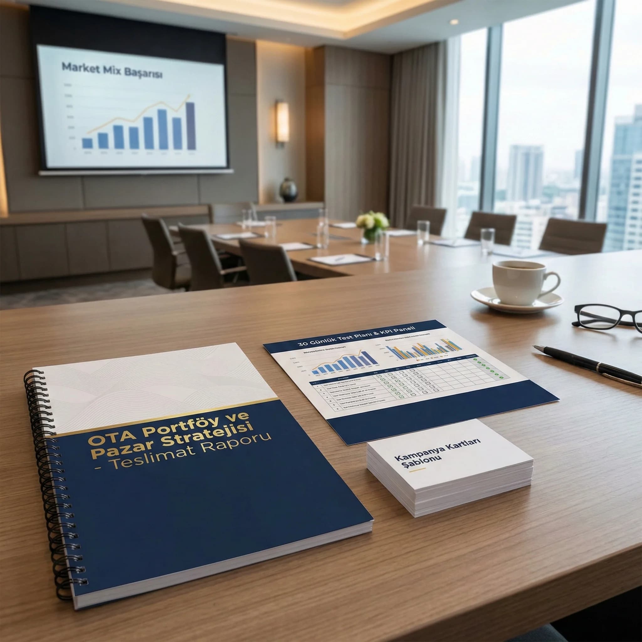 Portföy planı + KPI paneli + kampanya kartları, amaç: somut çıktı, otel yönetim bağlamı