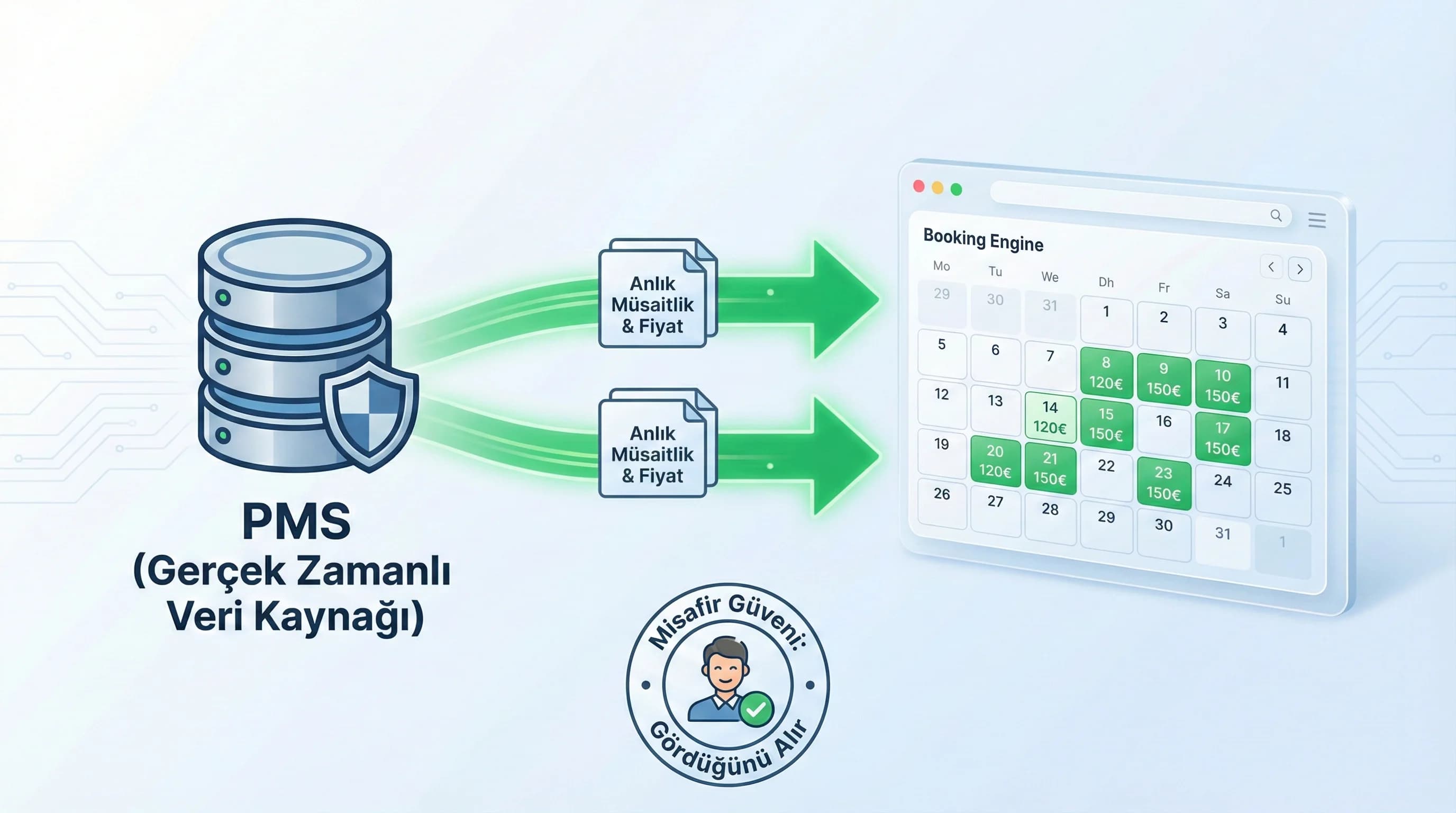 Gerçek zamanlı fiyat ve müsaitlik akışını anlatan görsel, misafire güven verir