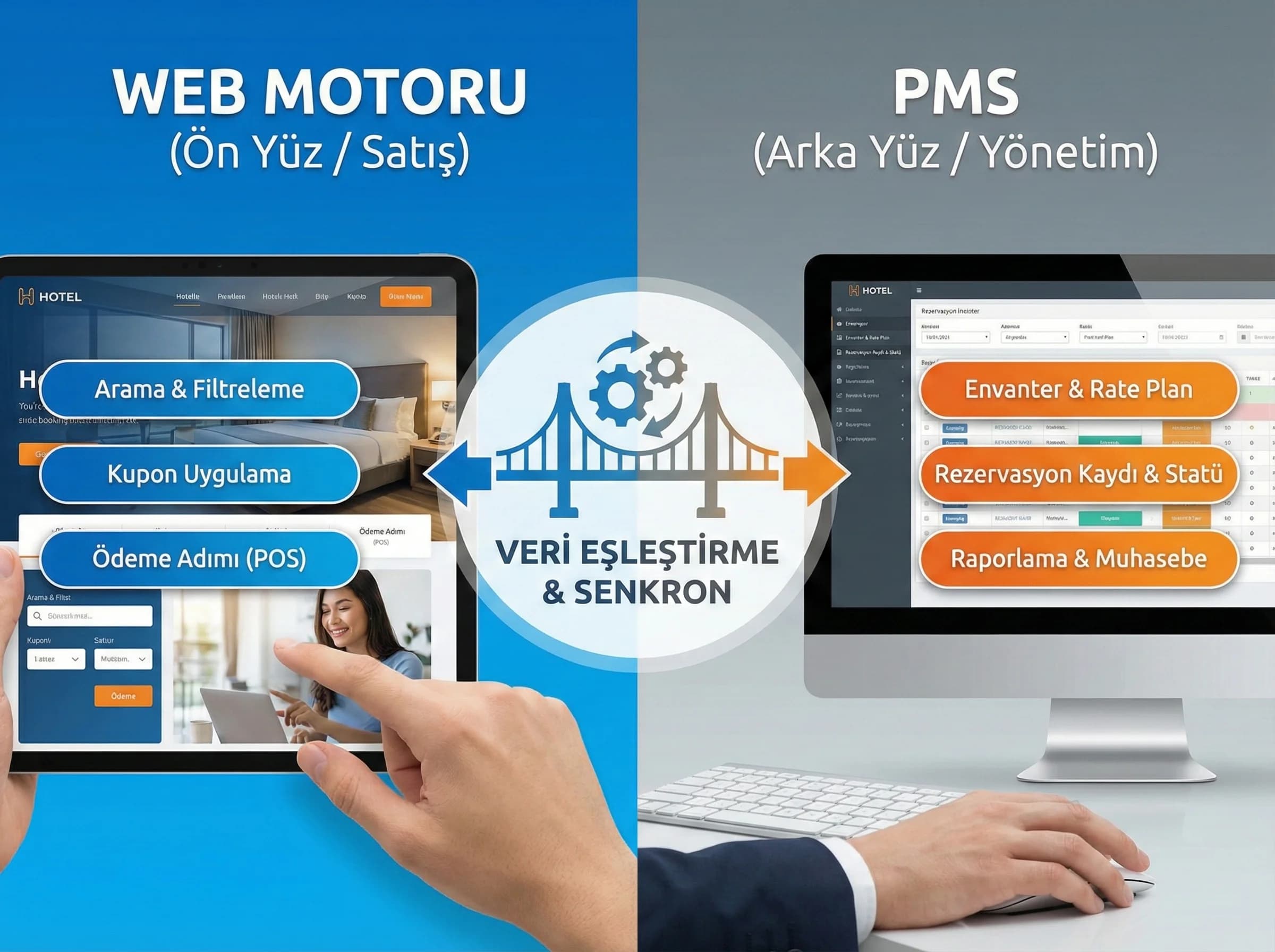 Web ve PMS rol dağılımını ayıran görsel, otelde direkt satış kararını kolaylaştırır