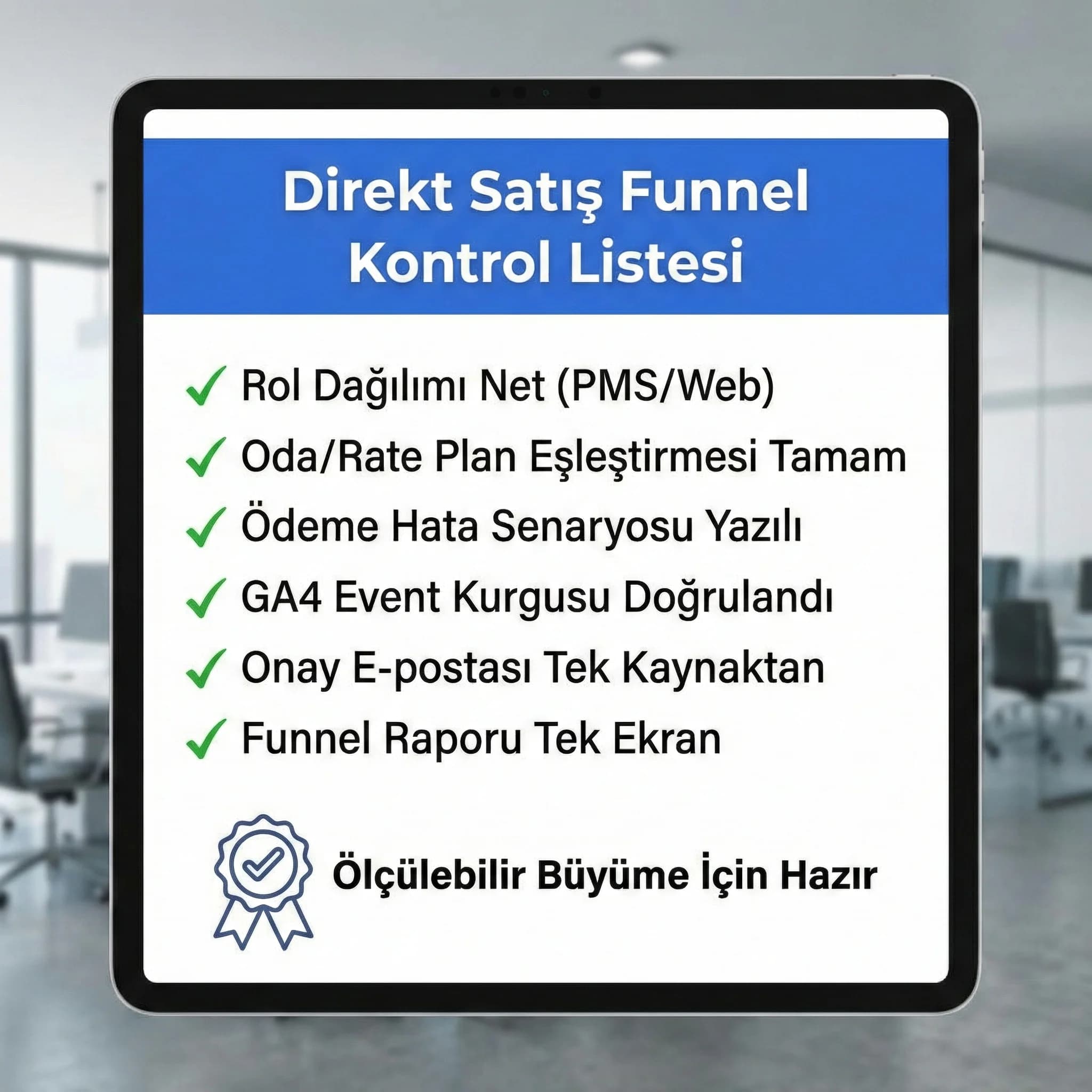 Direkt satış funnel kontrol listesi kartı, otelde ölçümü standartlaştırır